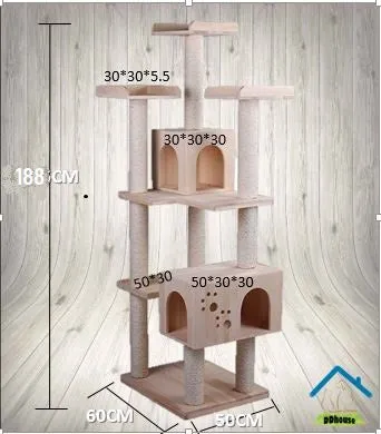 1.88m Sky-high Multi-Tier Solid Wood Cat Gym Wooden Cat Trees Extra tall