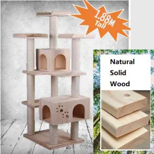 1.88m Sky-high Multi-Tier Solid Wood Cat Gym Wooden Cat Trees Extra tall