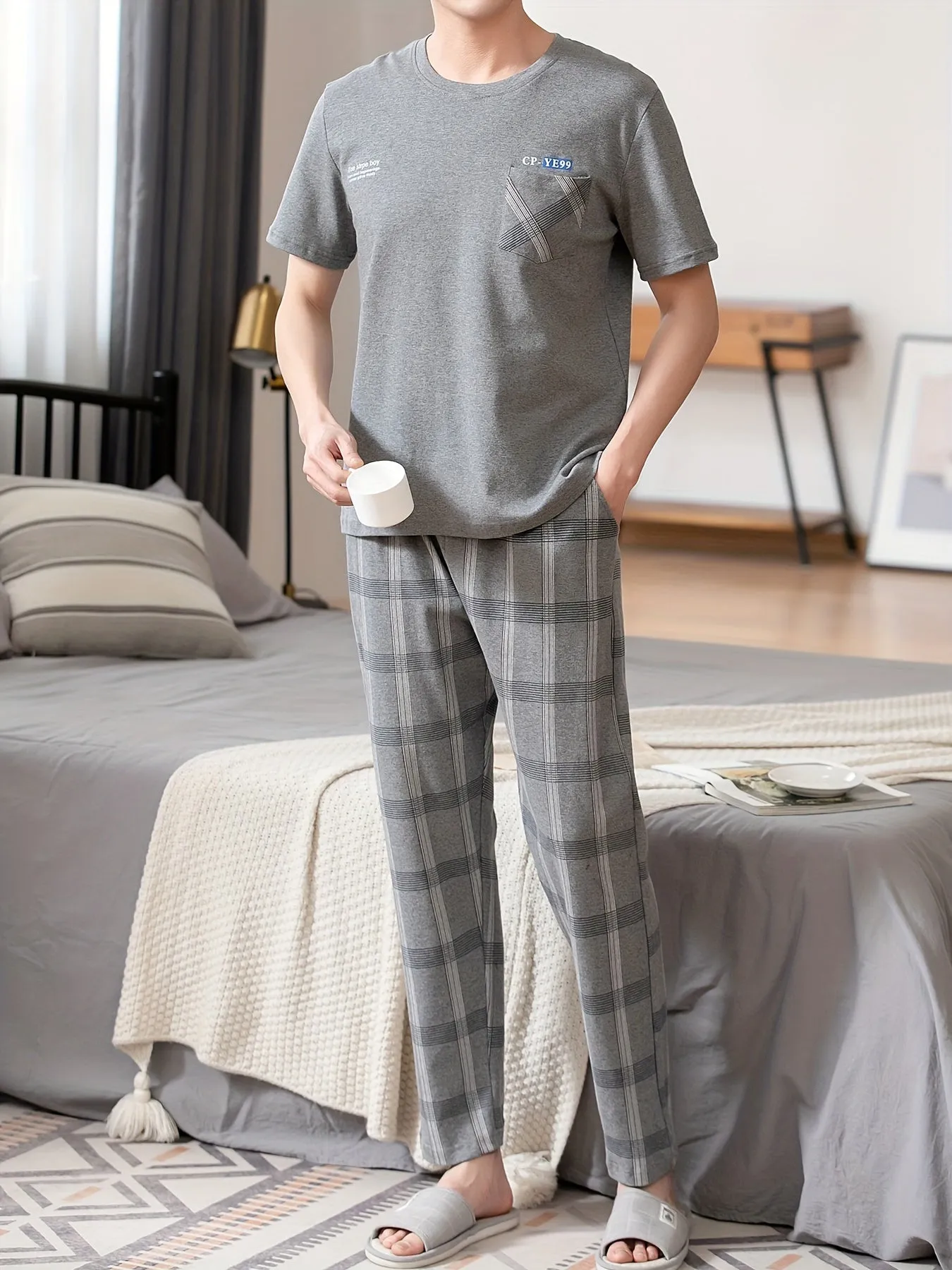 2 Pcs Men's Cotton Letter Print Short Sleeve & Plaid Trousers Pajama Sets, Comfortable & Skin-friendly Style Pajamas For Men's Cozy Loungewear