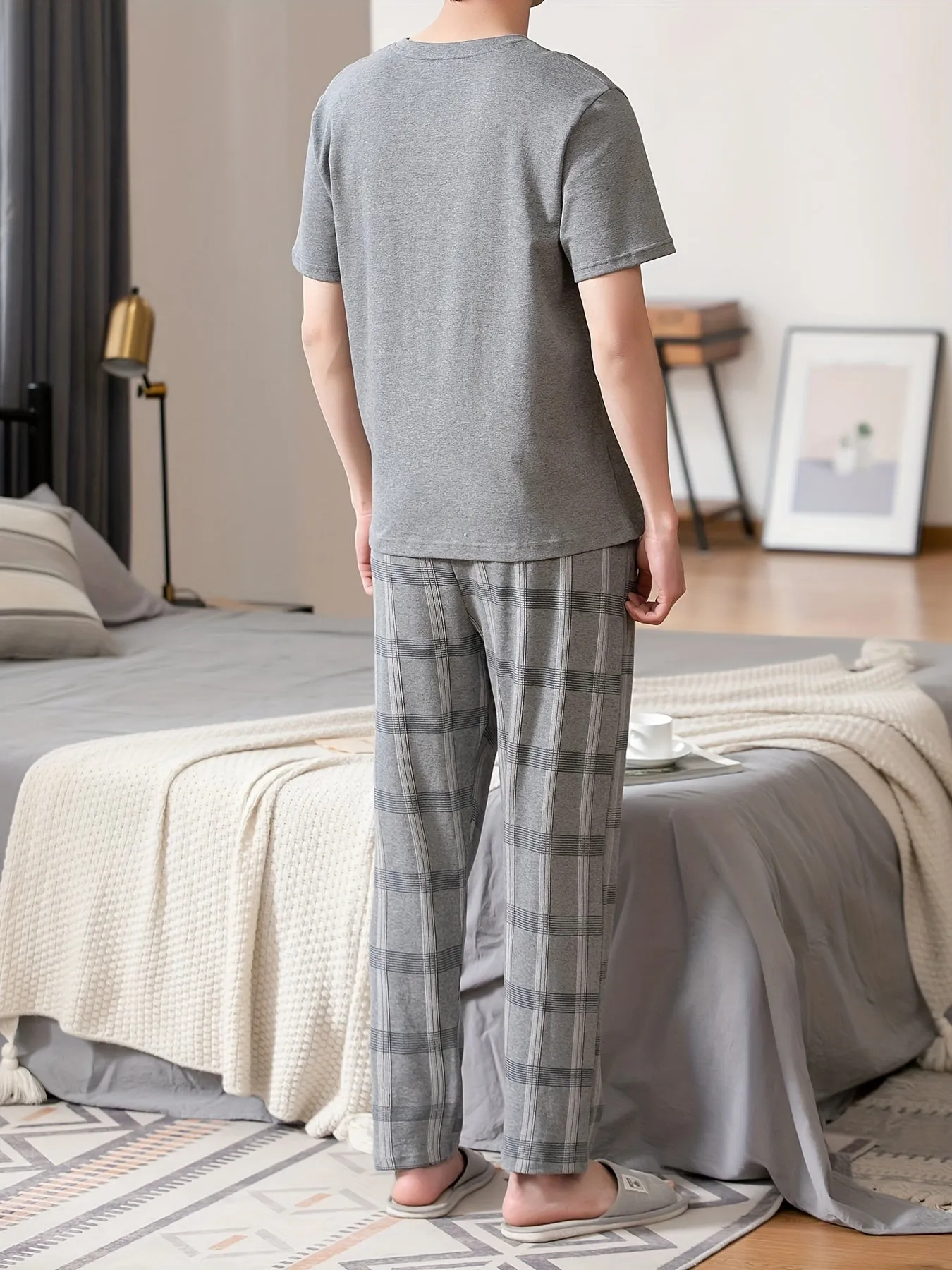 2 Pcs Men's Cotton Letter Print Short Sleeve & Plaid Trousers Pajama Sets, Comfortable & Skin-friendly Style Pajamas For Men's Cozy Loungewear