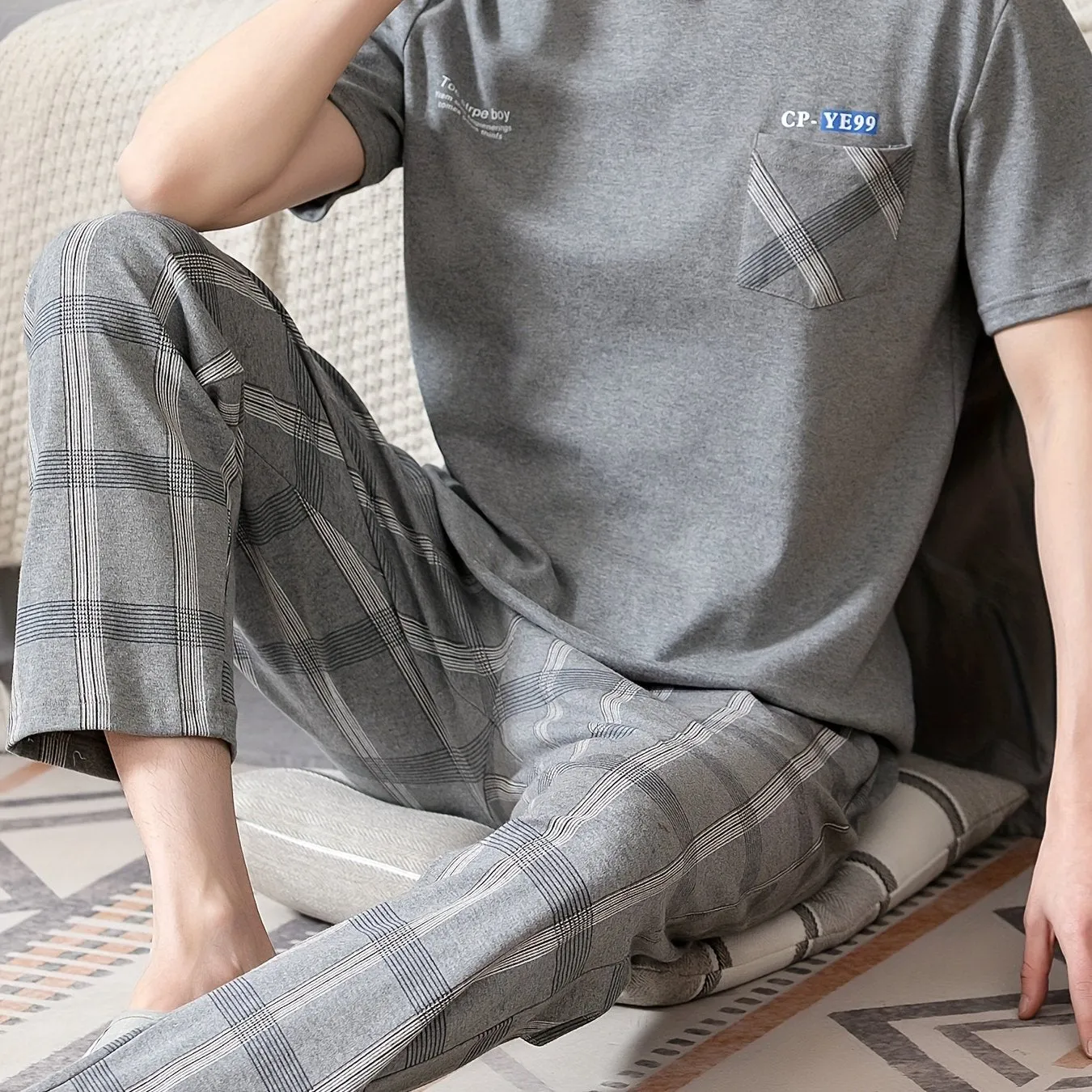 2 Pcs Men's Cotton Letter Print Short Sleeve & Plaid Trousers Pajama Sets, Comfortable & Skin-friendly Style Pajamas For Men's Cozy Loungewear