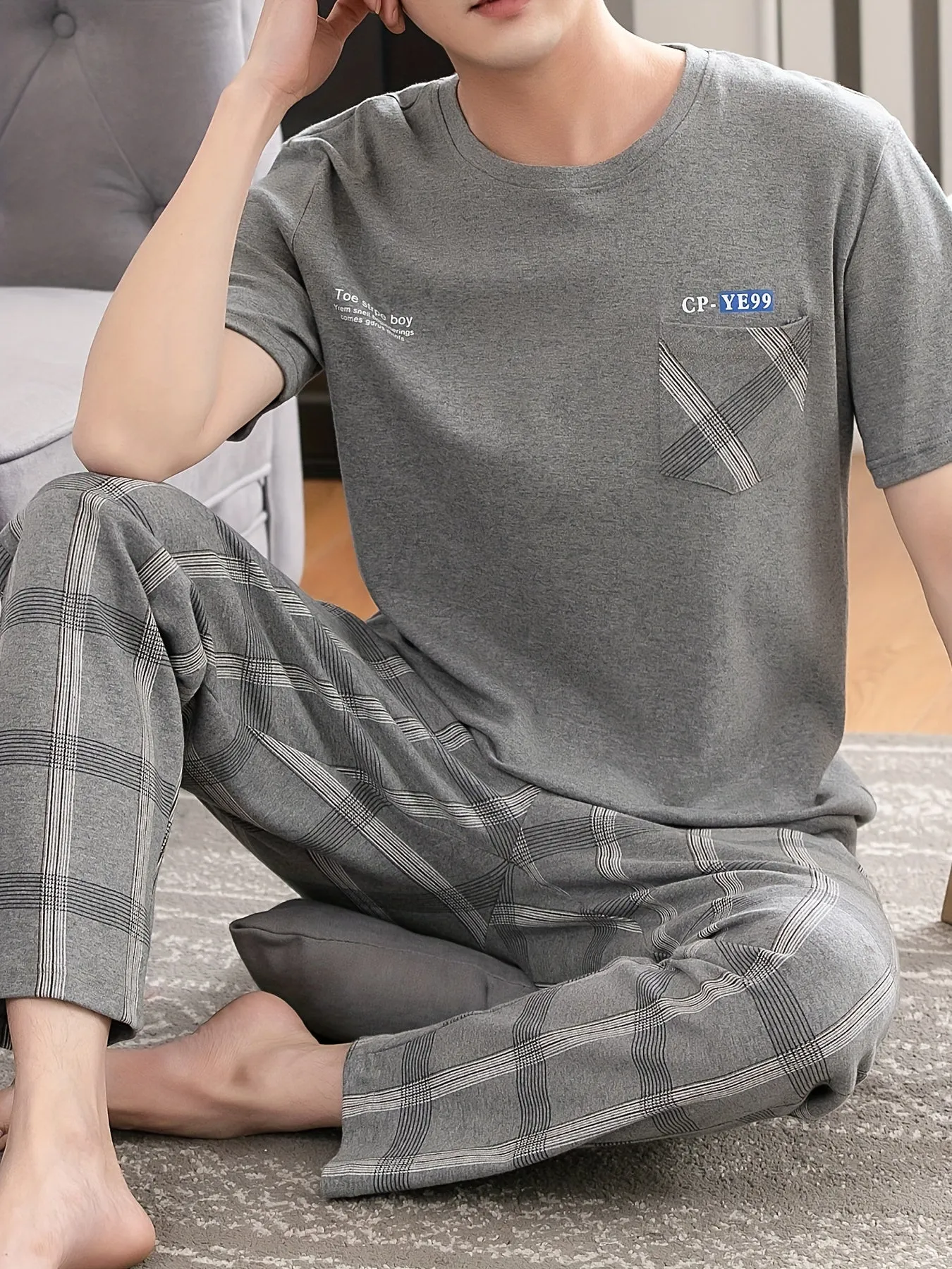 2 Pcs Men's Cotton Letter Print Short Sleeve & Plaid Trousers Pajama Sets, Comfortable & Skin-friendly Style Pajamas For Men's Cozy Loungewear