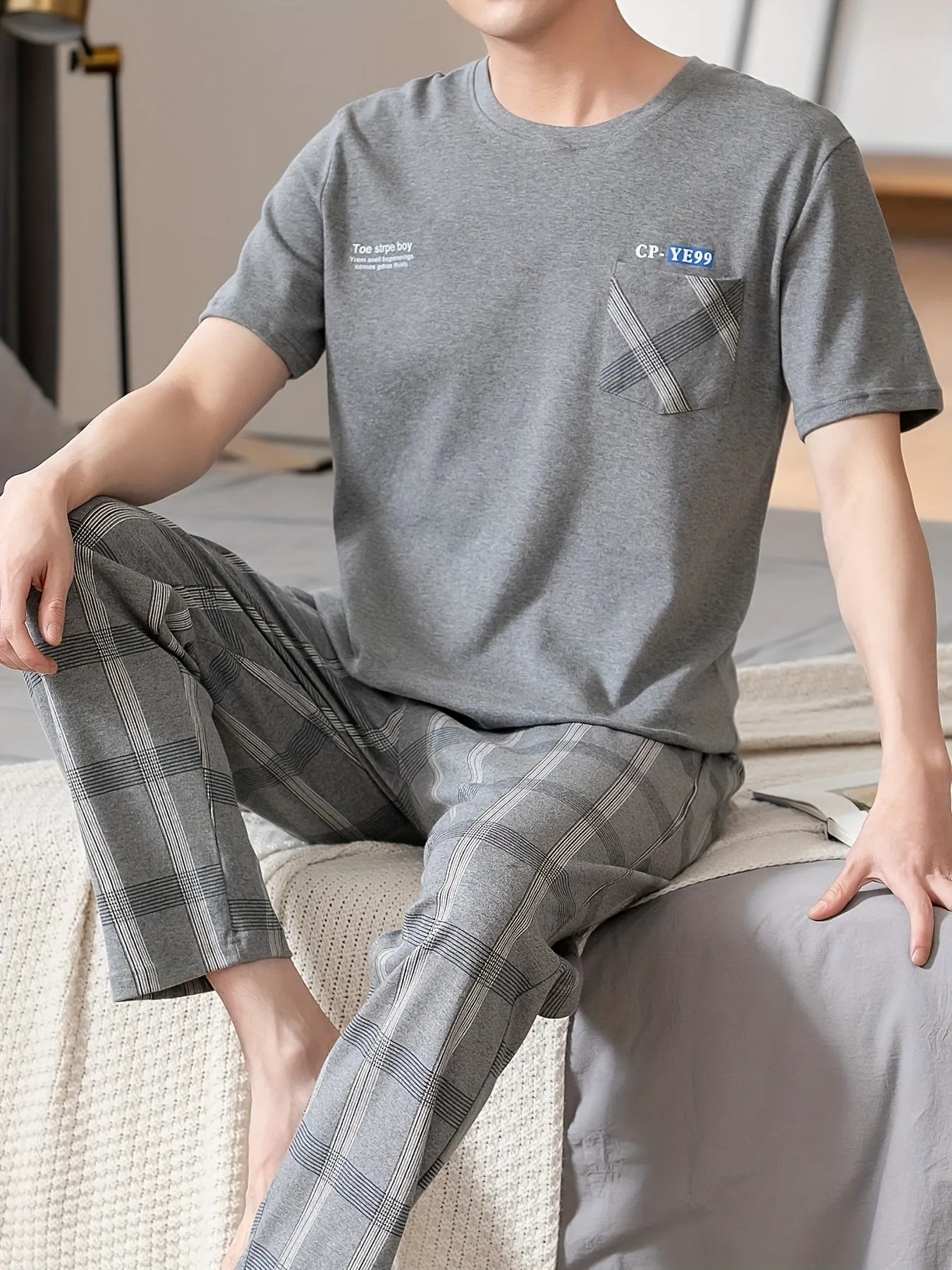 2 Pcs Men's Cotton Letter Print Short Sleeve & Plaid Trousers Pajama Sets, Comfortable & Skin-friendly Style Pajamas For Men's Cozy Loungewear