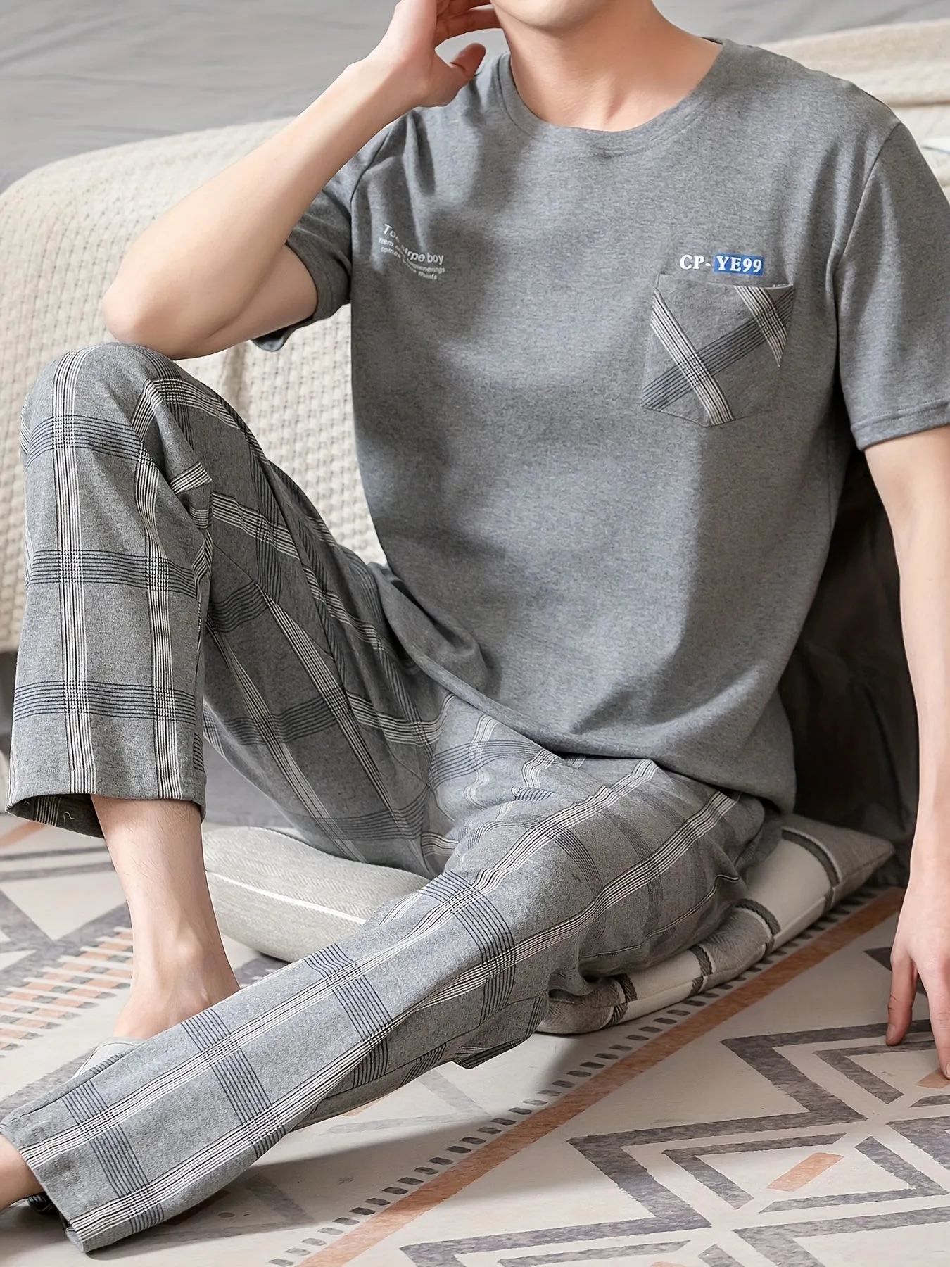 2 Pcs Men's Cotton Letter Print Short Sleeve & Plaid Trousers Pajama Sets, Comfortable & Skin-friendly Style Pajamas For Men's Cozy Loungewear