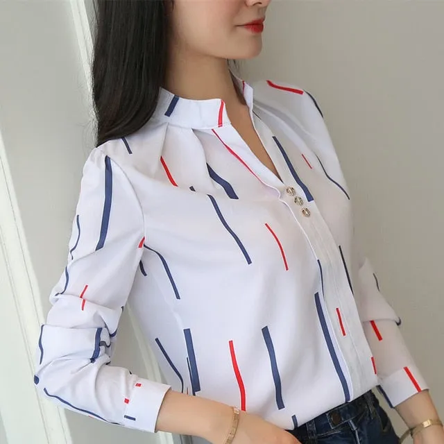 2021 Women Blouse Stripe Print Casual Long Sleeve Sizes S - 3XL