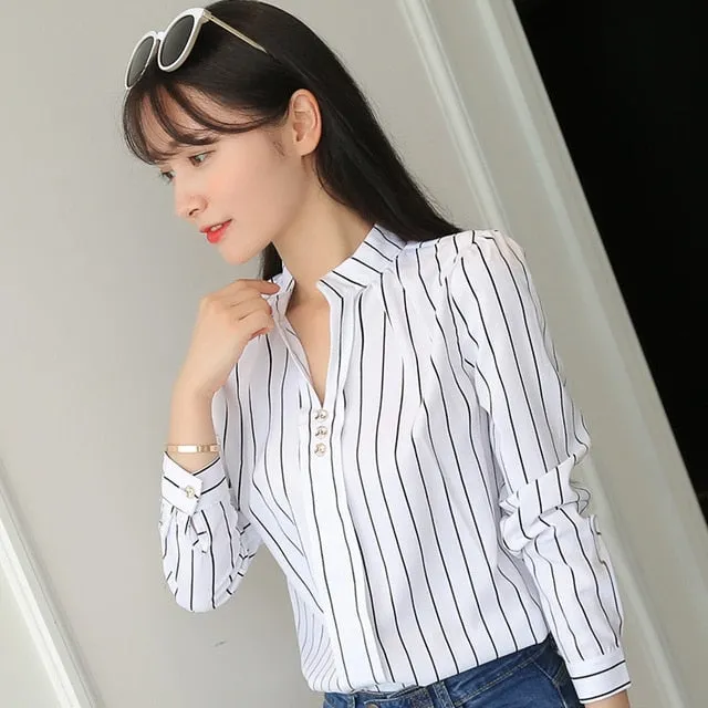 2021 Women Blouse Stripe Print Casual Long Sleeve Sizes S - 3XL