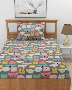 Animal Faces Printed Grey Glace Cotton Flat Single Bedsheet with One King Size Pillow Cover | 90 x 60 inches