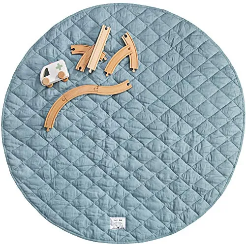 Baby Play Mat | Pure French Flax Linen Tummy Time Mat | Luxury Quilted Play Mats for Infants Blue Dust, Round