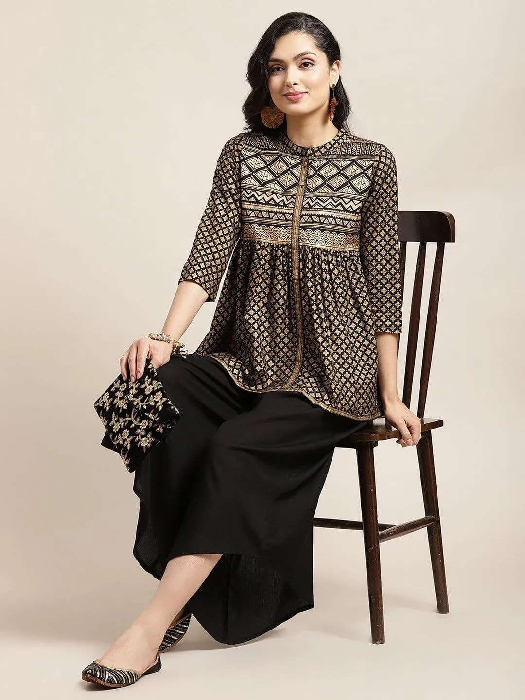 Black And Gold Foil Printed Tunic With Asymmetrical Hemline Palazzo