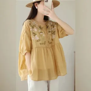 Bonnyshow Spring Summer Breathable Thin V-neck Shirt Women Lace Covering Meat Thin Pullover Doll Flower Tops Chinese Style Soft Retro