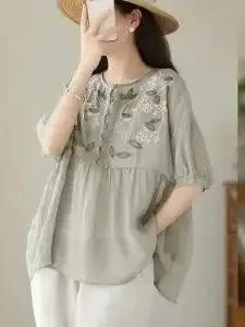 Bonnyshow Spring Summer Breathable Thin V-neck Shirt Women Lace Covering Meat Thin Pullover Doll Flower Tops Chinese Style Soft Retro