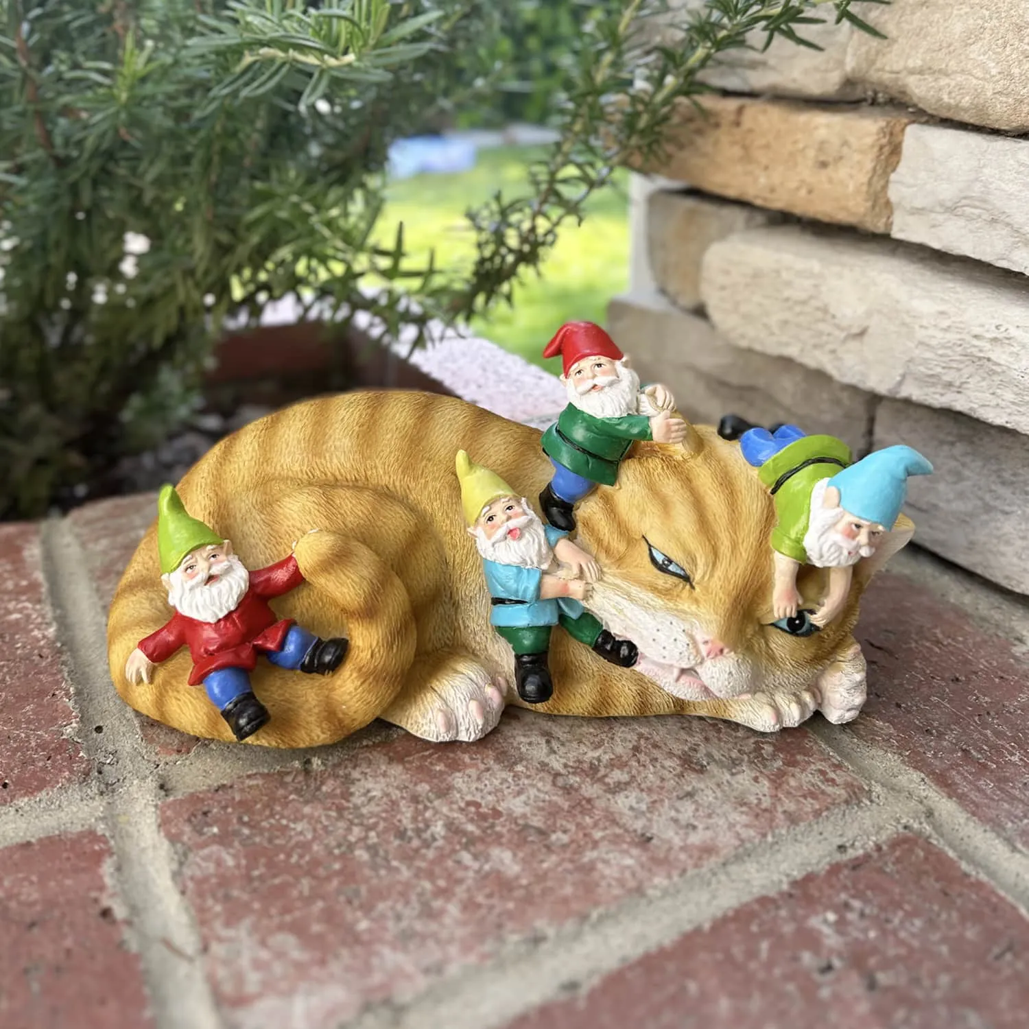 Cat Garden Statue with Gnomes, Hand Painted, UV-Treated Resin, 6.5 x 12 Inches