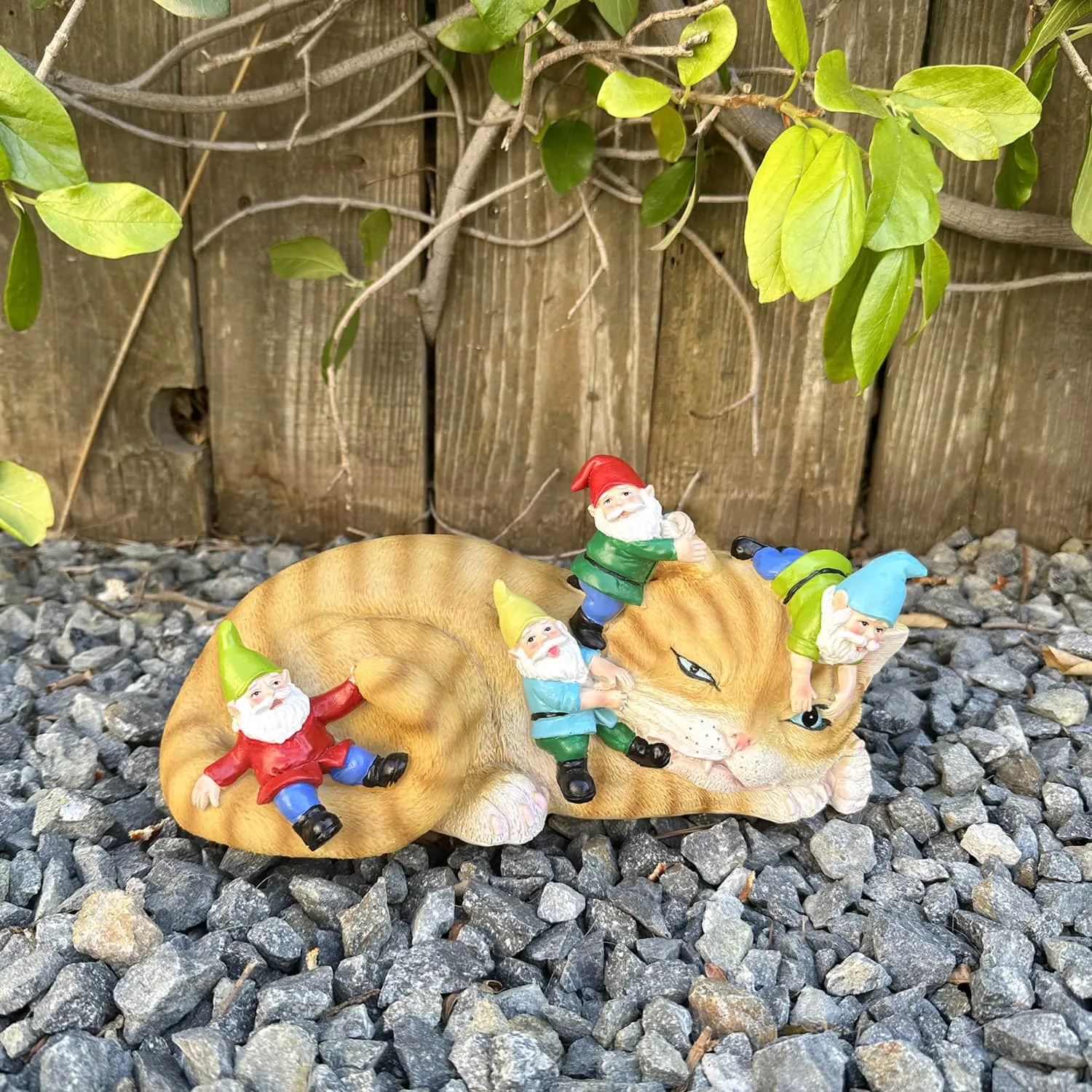 Cat Garden Statue with Gnomes, Hand Painted, UV-Treated Resin, 6.5 x 12 Inches