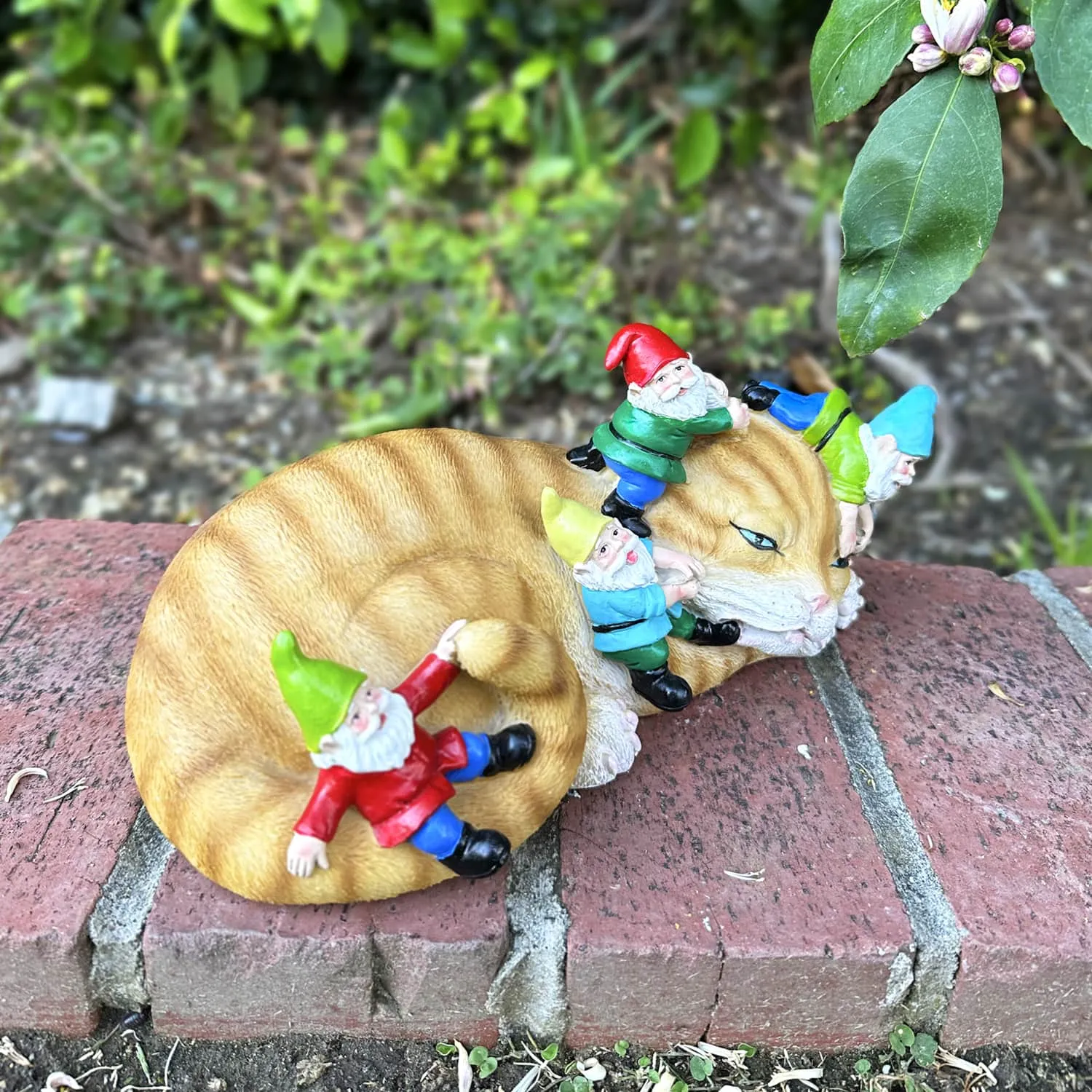 Cat Garden Statue with Gnomes, Hand Painted, UV-Treated Resin, 6.5 x 12 Inches