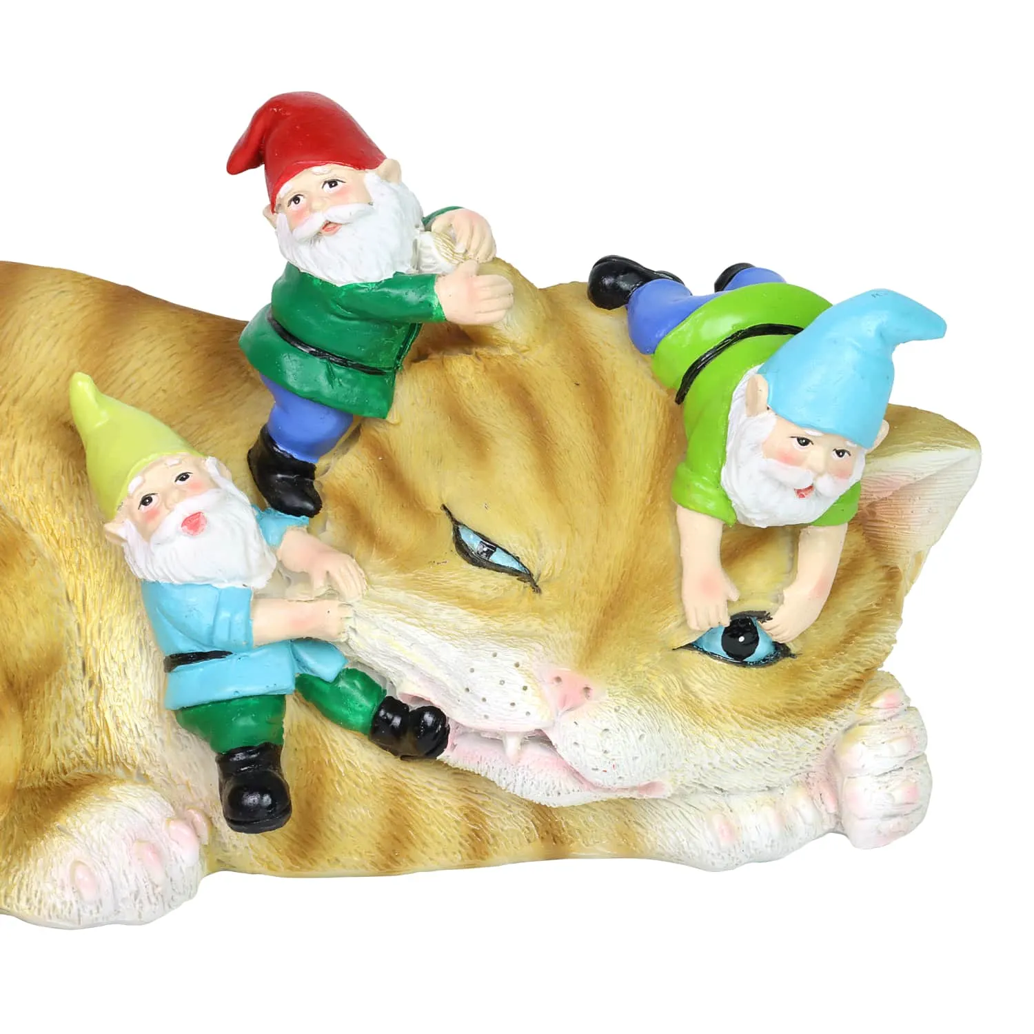 Cat Garden Statue with Gnomes, Hand Painted, UV-Treated Resin, 6.5 x 12 Inches