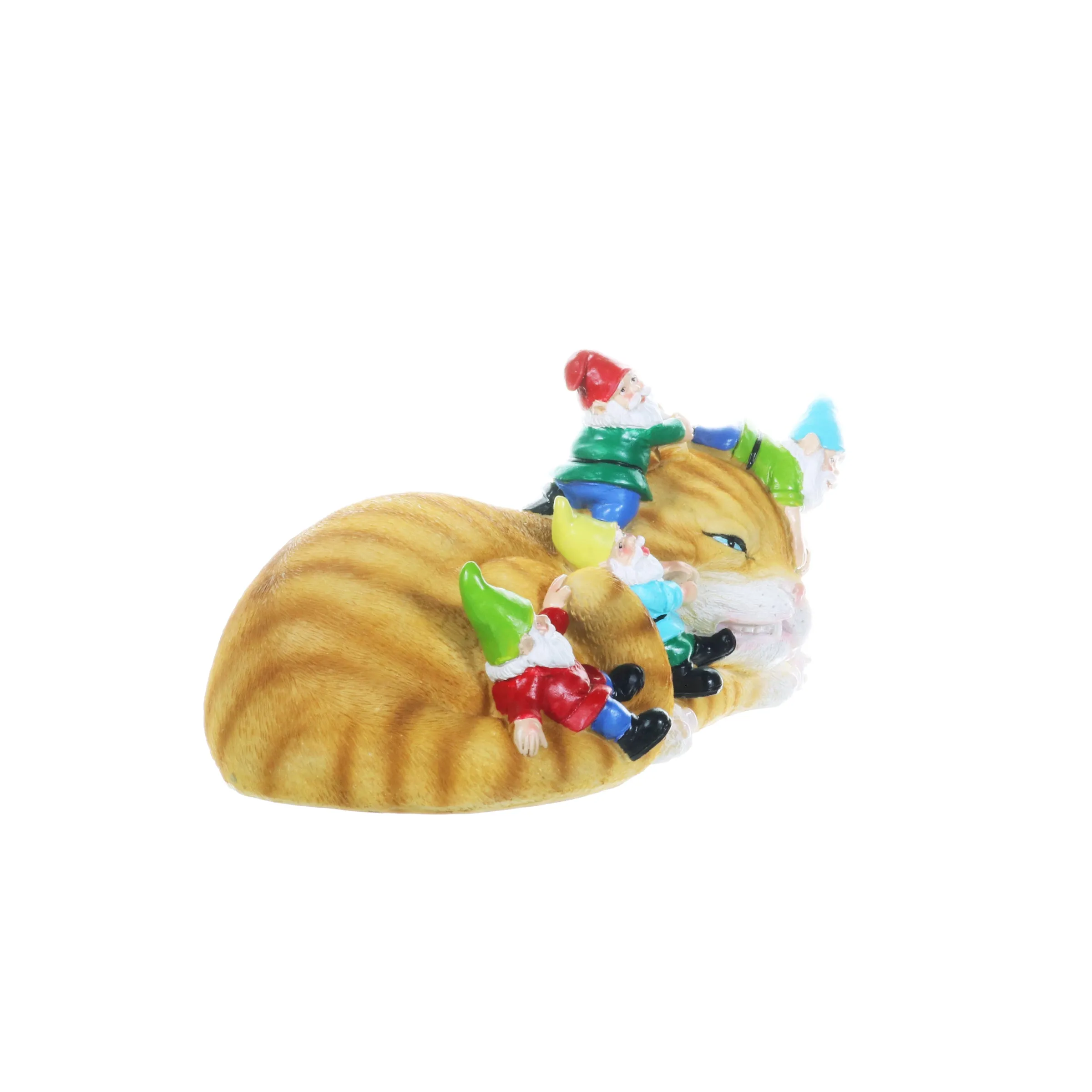 Cat Garden Statue with Gnomes, Hand Painted, UV-Treated Resin, 6.5 x 12 Inches