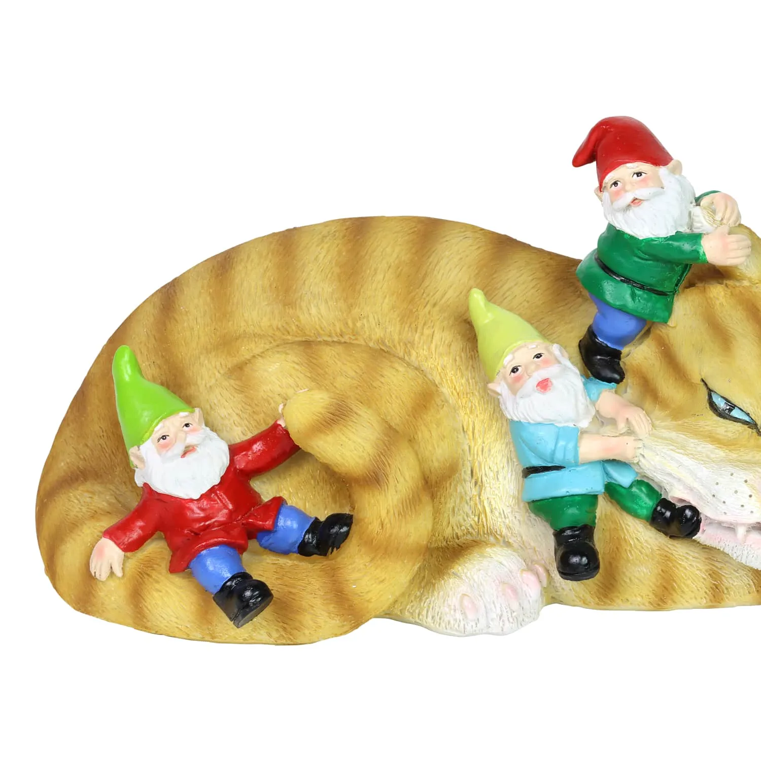 Cat Garden Statue with Gnomes, Hand Painted, UV-Treated Resin, 6.5 x 12 Inches