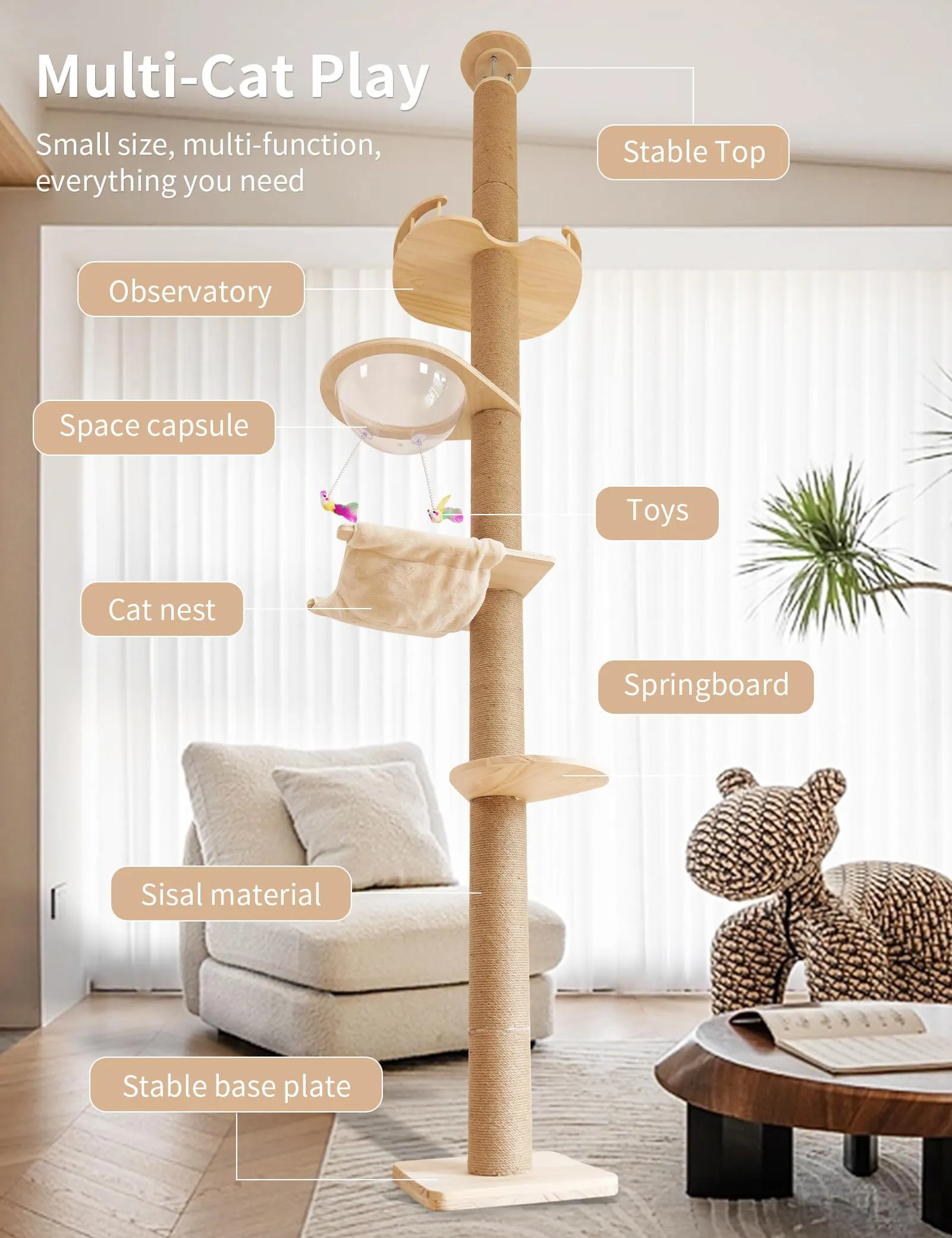 Cat Tree Floor to Ceiling Natural Sisal Rope Scratching Post, Adjustable Cat Tree