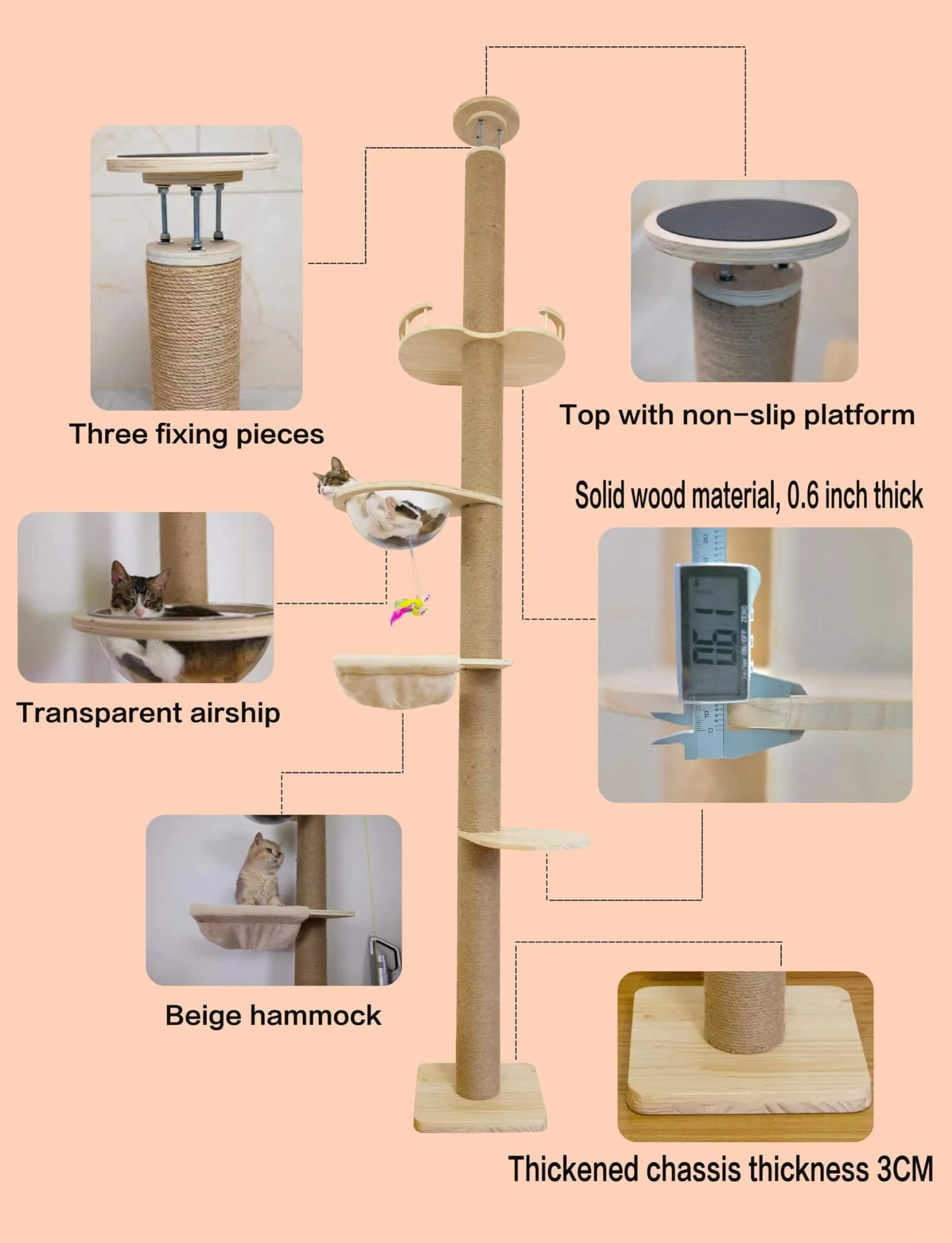 Cat Tree Floor to Ceiling Natural Sisal Rope Scratching Post, Adjustable Cat Tree