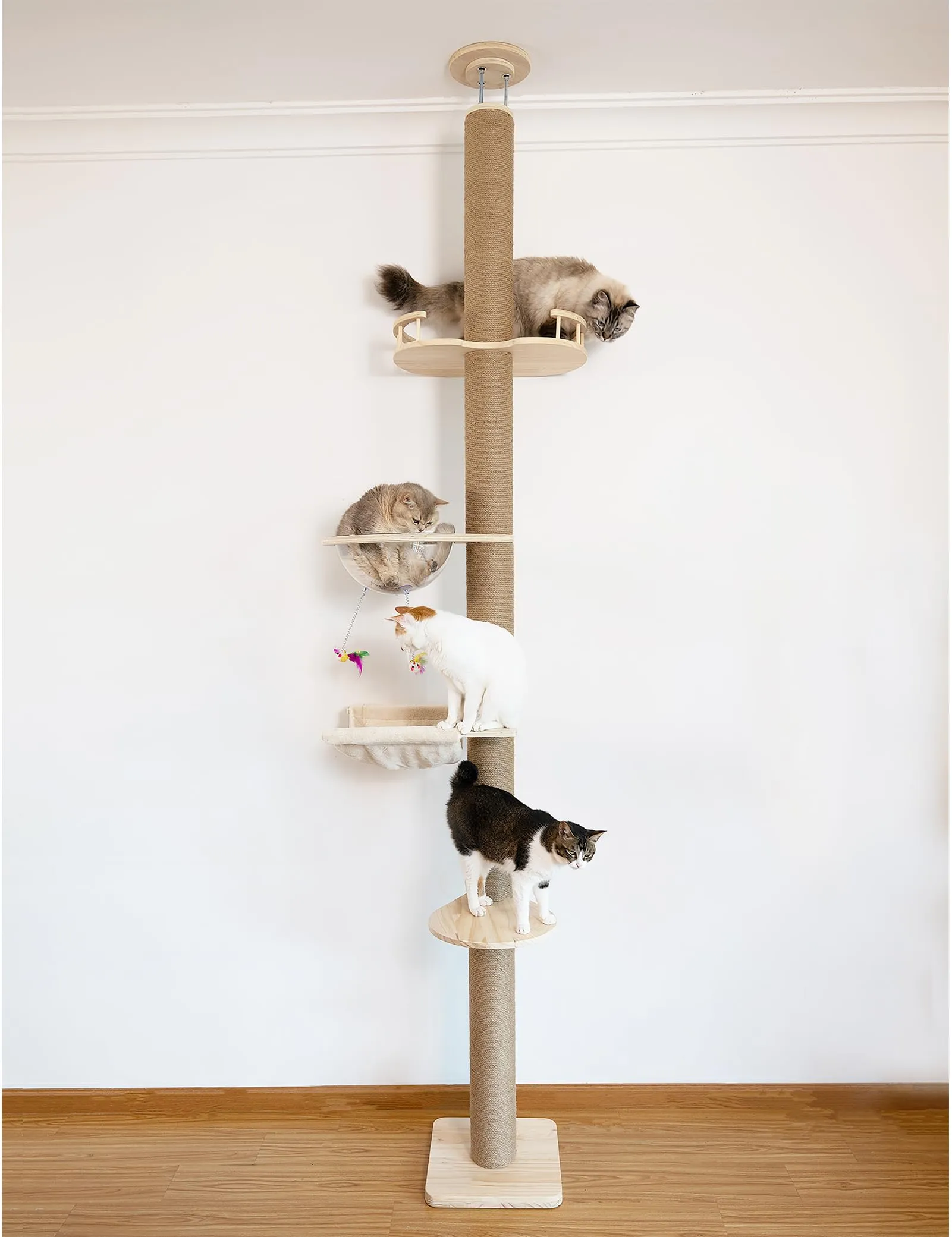 Cat Tree Floor to Ceiling Natural Sisal Rope Scratching Post, Adjustable Cat Tree