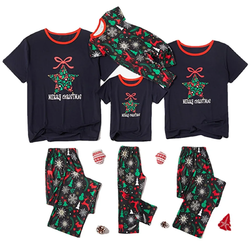 Christmas Pajamas Matching Family Pyjamas  Parent-Child Pajamas Set Wear Short Sleeves T-Shirt Trousers Snow Elk Printed Nightwear Outfit