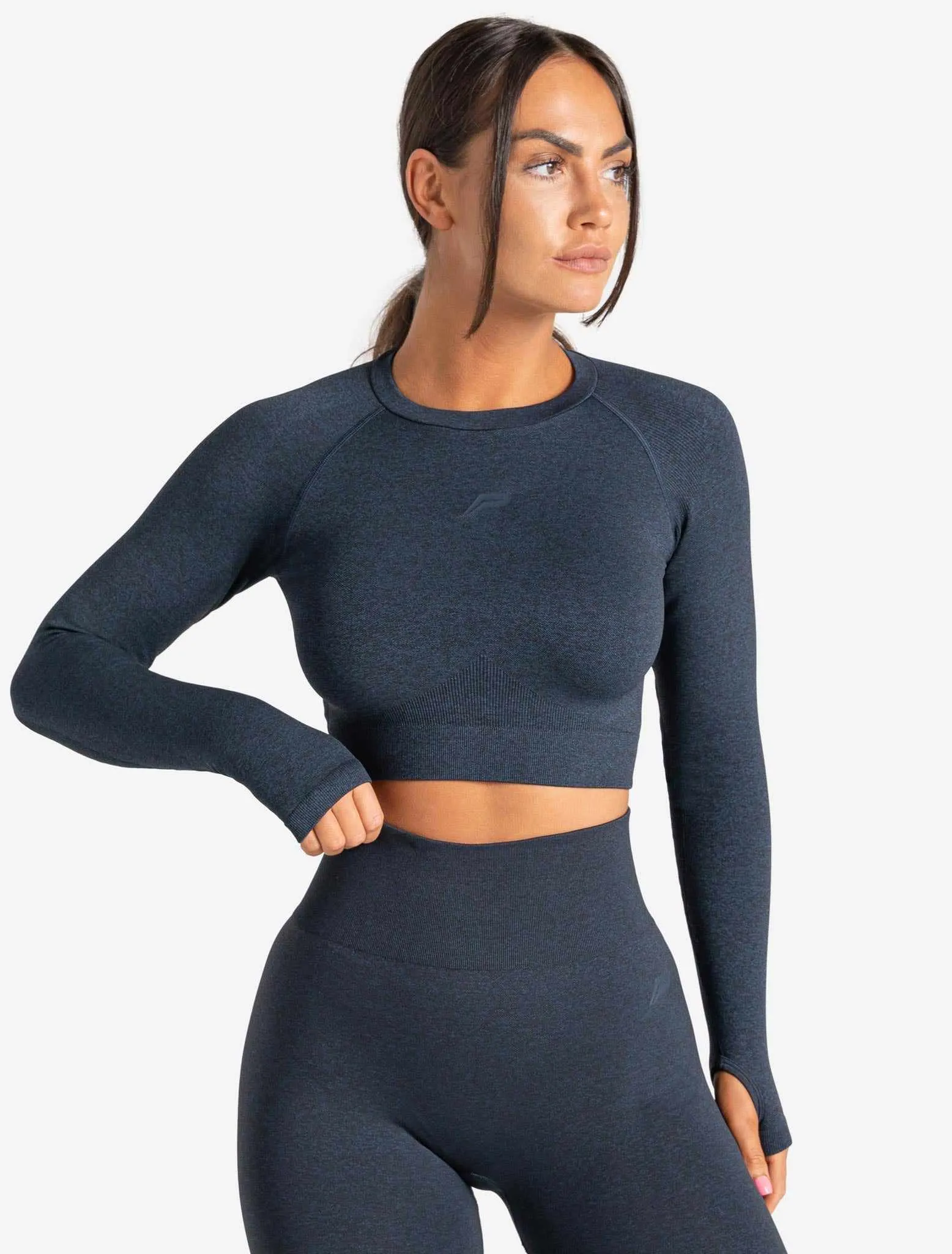 Core Seamless Long Sleeve Crop Top - Navy Marl