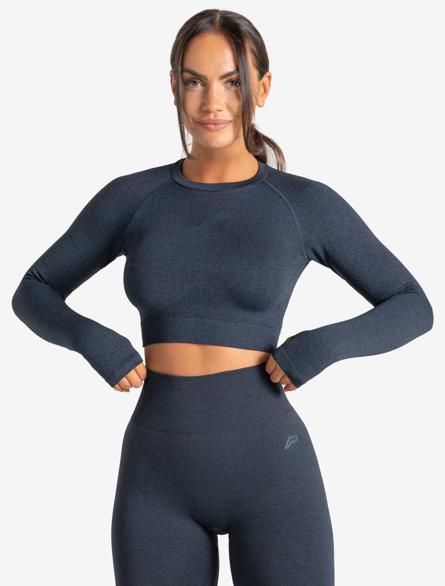 Core Seamless Long Sleeve Crop Top - Navy Marl