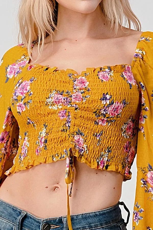 Crop Top Smock Ruched Top In Ditsy Jacquard