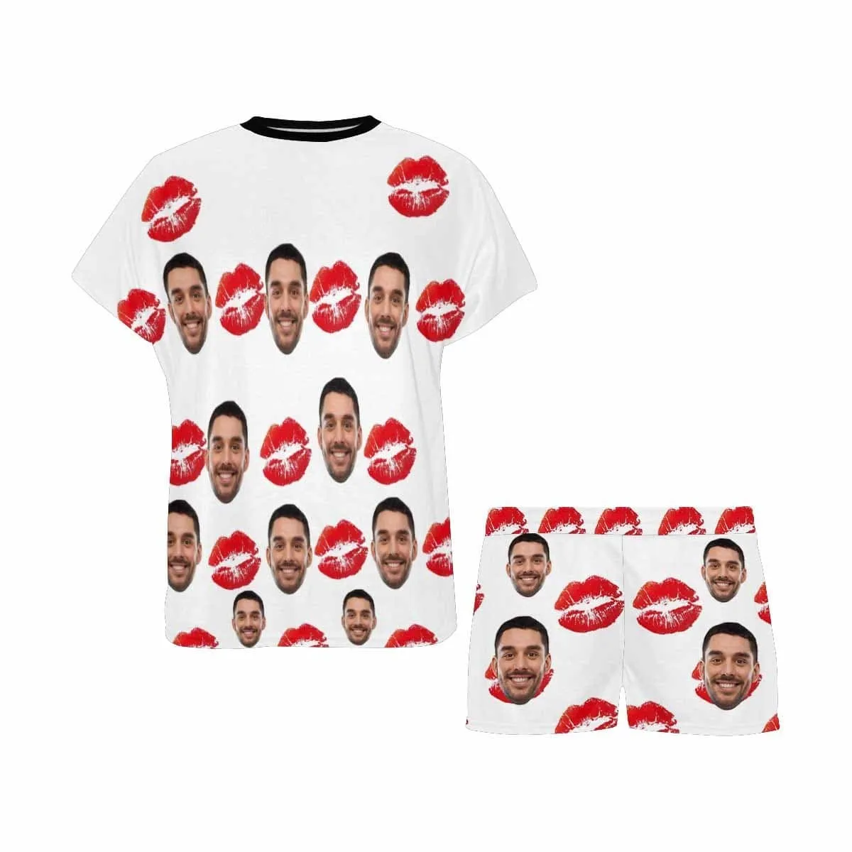 Custom Face Pajamas Red Lips Print Sleepwear Personalized Women's Short Pajama Set For Her