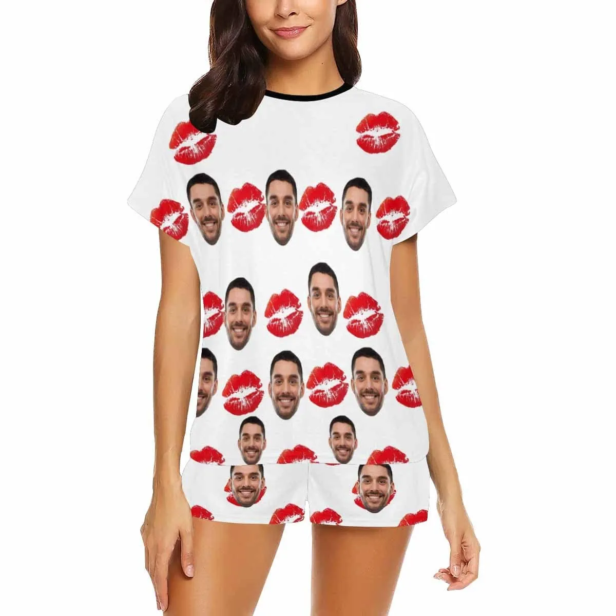 Custom Face Pajamas Red Lips Print Sleepwear Personalized Women's Short Pajama Set For Her