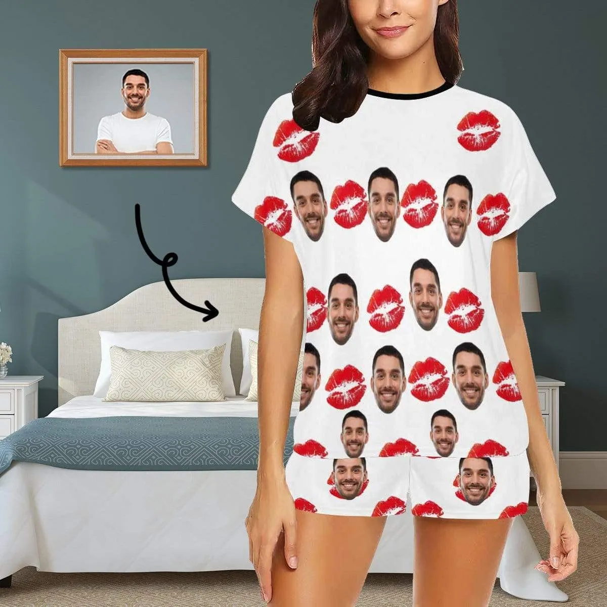 Custom Face Pajamas Red Lips Print Sleepwear Personalized Women's Short Pajama Set For Her