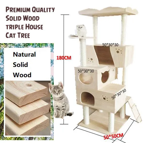 Deluxe Cat House 1.8m Wooden Cat Furniture w/ Triple Houses