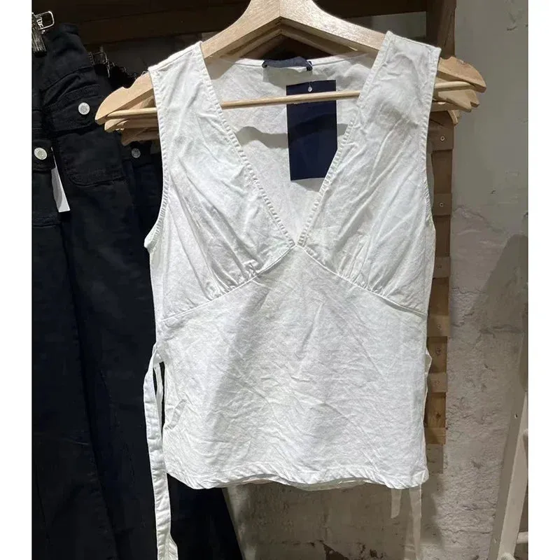 Dermearne 3 Women White Deep V Neck Tanks 2024 Summer Ladies Soft Sexy Cotton Slim Tank Tops Female Vintage Solid Sweet Vest