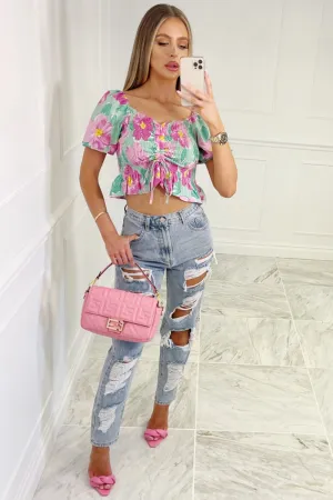 Dua PINK floral puff sleeve crop top