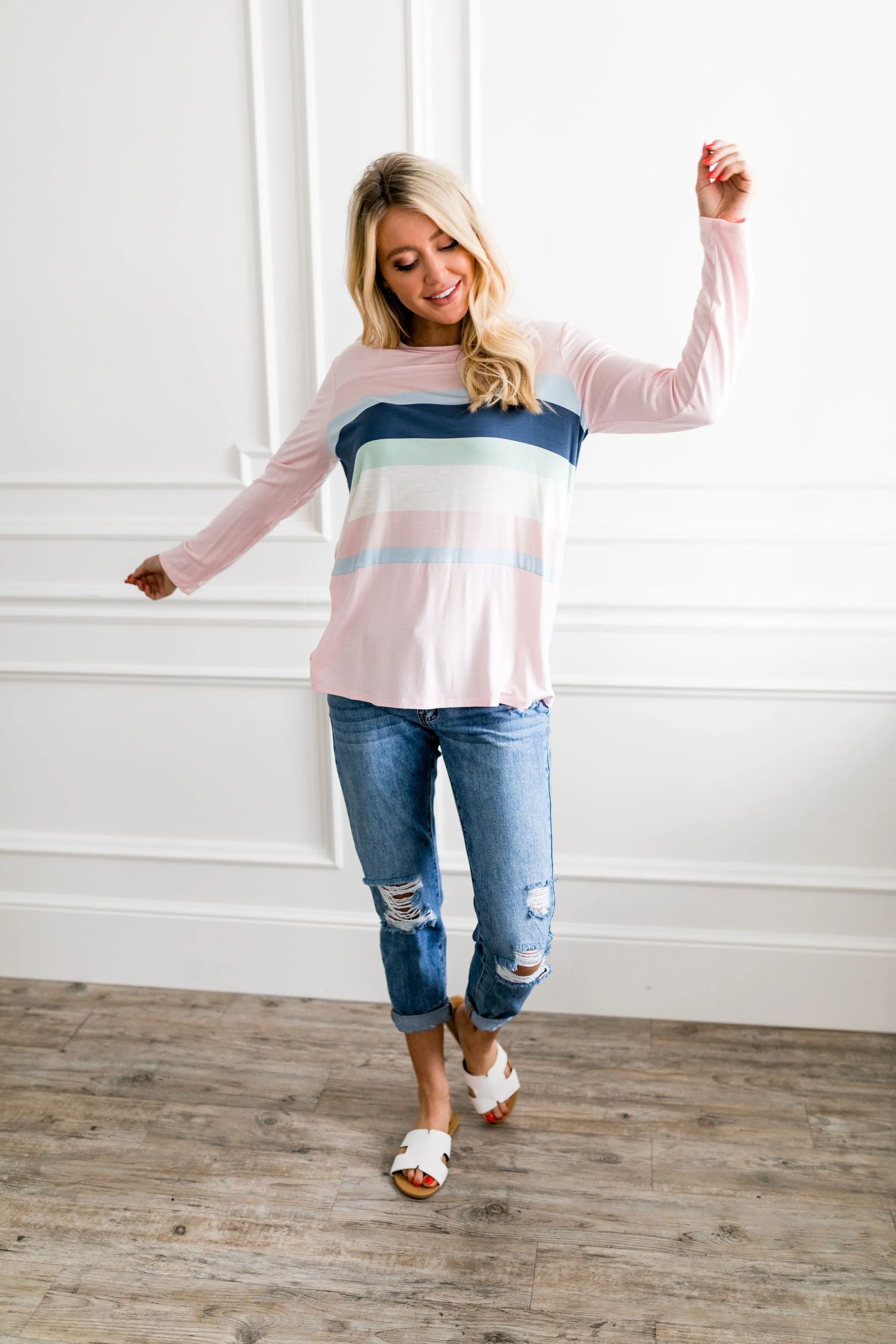 Easter Striped Top In Soft Pink