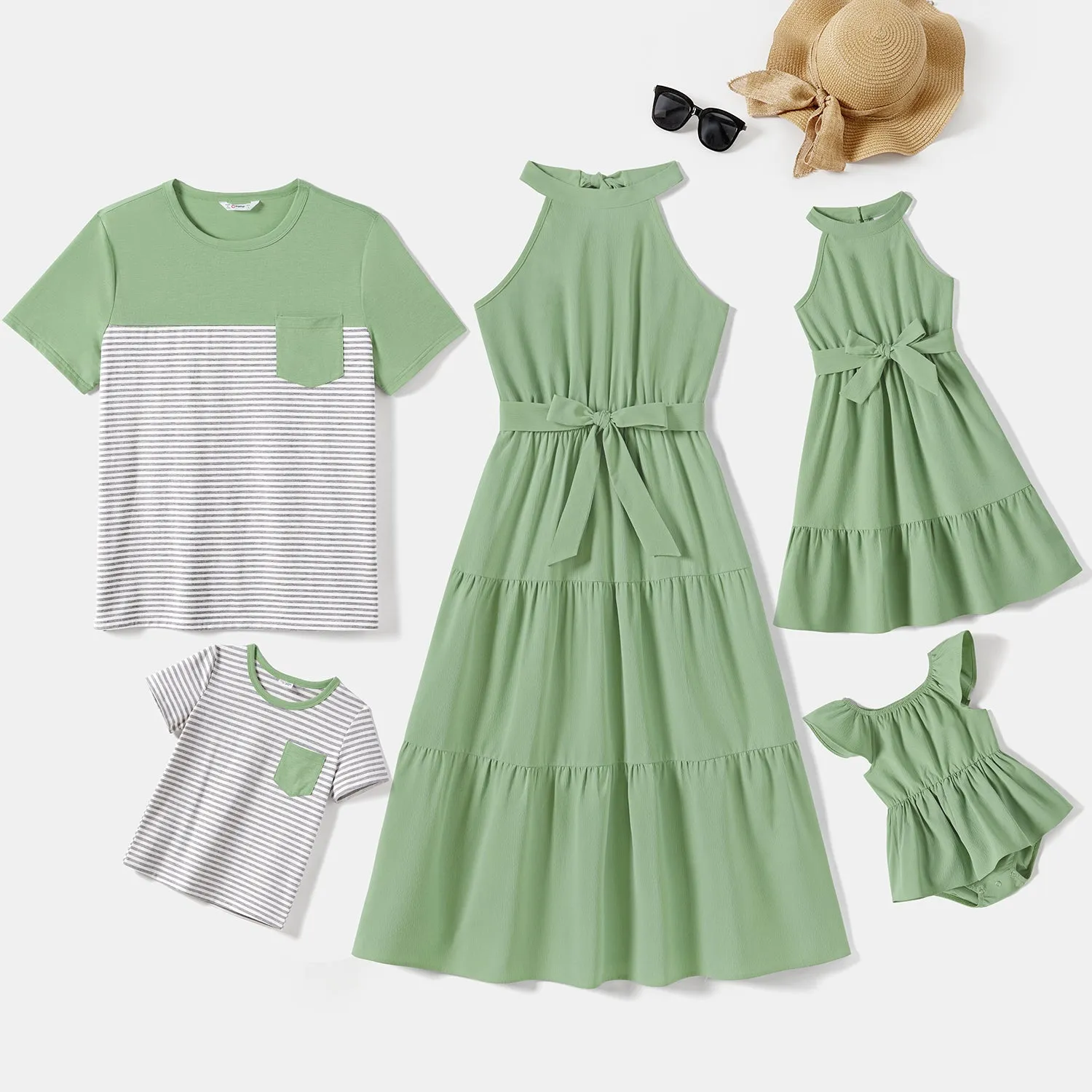 Family Matching Solid Belted Halterneck Dresses and Stripe Panel Short-sleeve T-shirts Sets