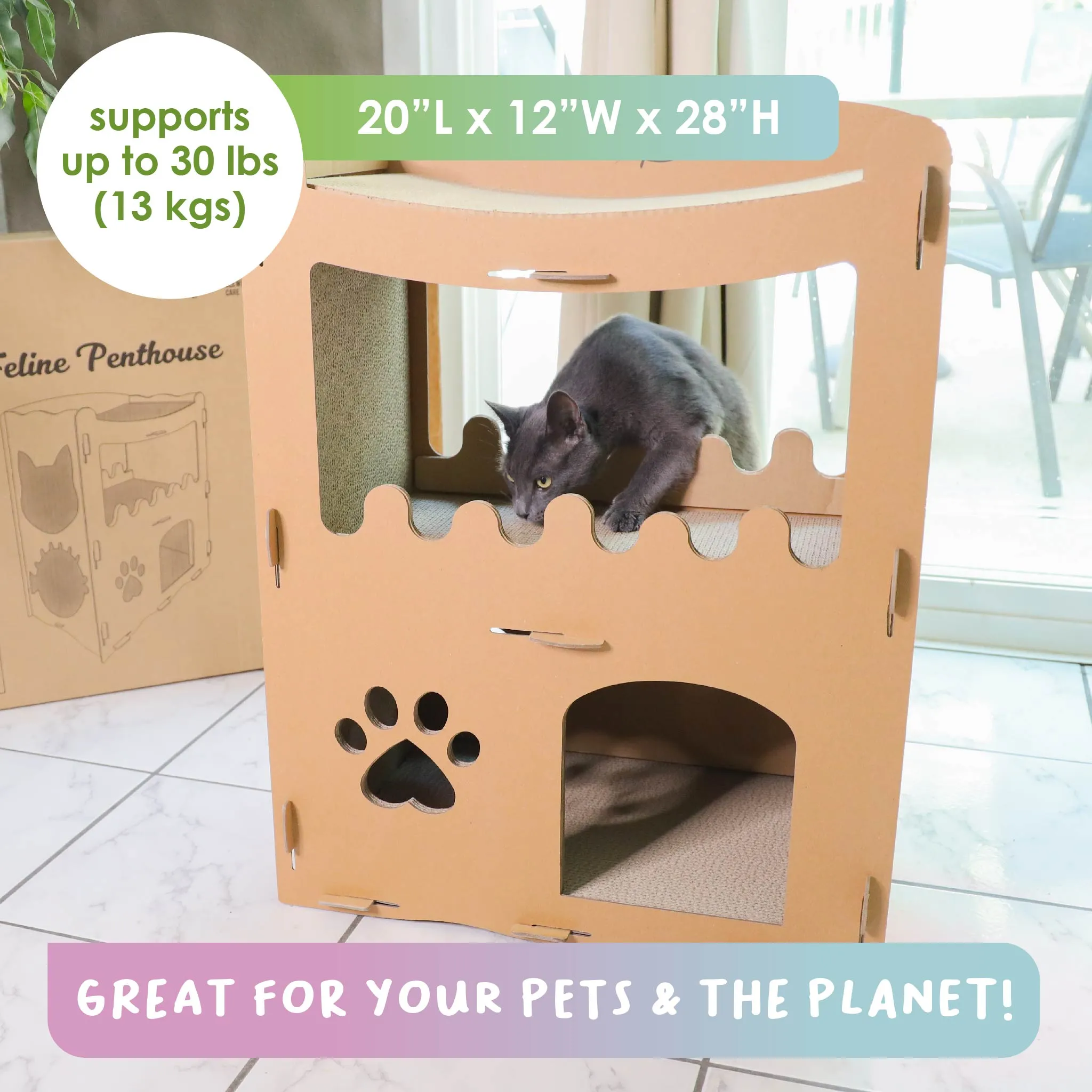 Feline Penthouse Cat House, Sustainable, Safe, Multi-Level, Scratch Boards, Easy Assembly, Non-Toxic, Spacious, Compostable, Biodegradable, Supports up to 30 LBS, for Small/Medium Pets