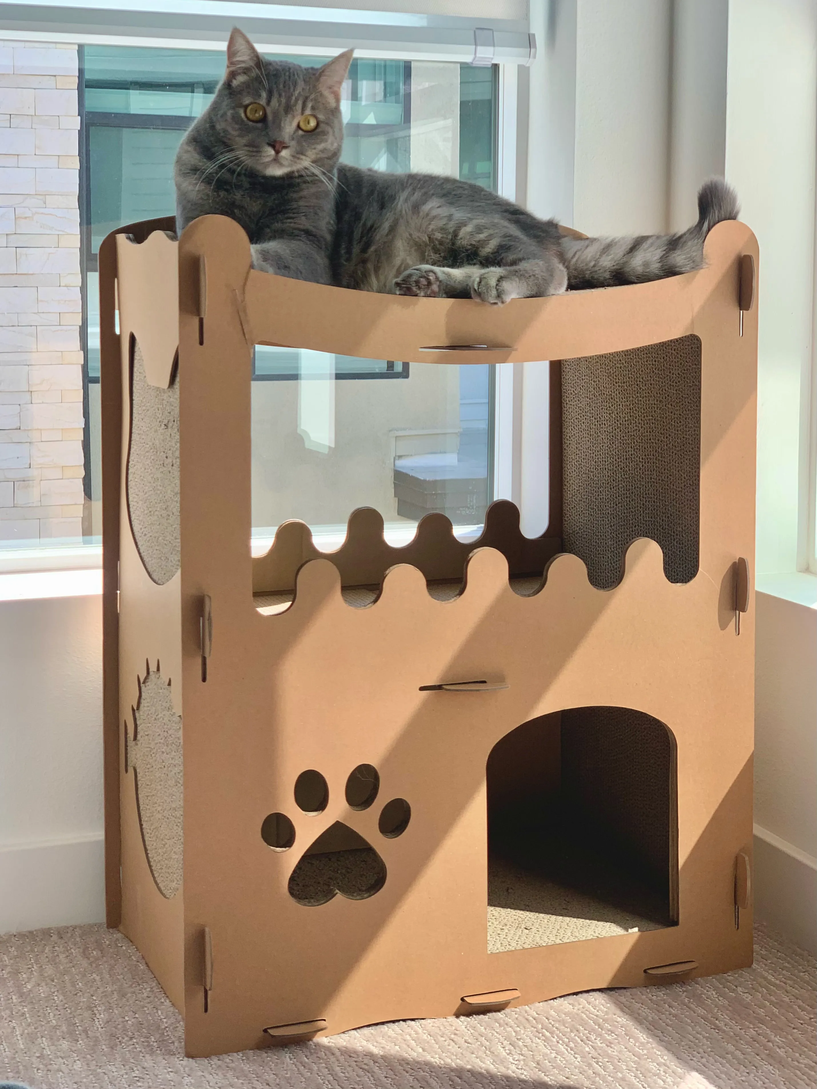 Feline Penthouse Cat House, Sustainable, Safe, Multi-Level, Scratch Boards, Easy Assembly, Non-Toxic, Spacious, Compostable, Biodegradable, Supports up to 30 LBS, for Small/Medium Pets