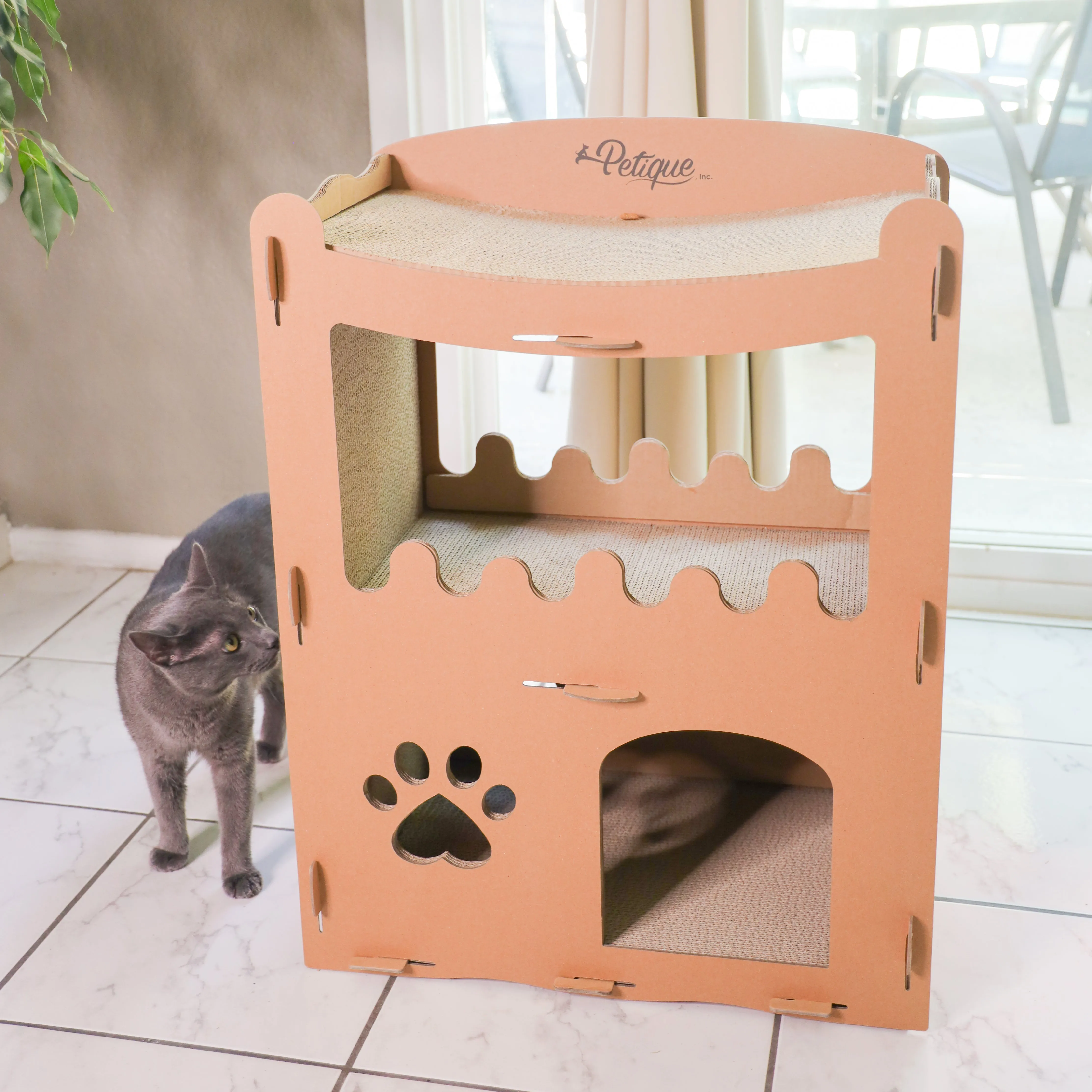 Feline Penthouse Cat House, Sustainable, Safe, Multi-Level, Scratch Boards, Easy Assembly, Non-Toxic, Spacious, Compostable, Biodegradable, Supports up to 30 LBS, for Small/Medium Pets