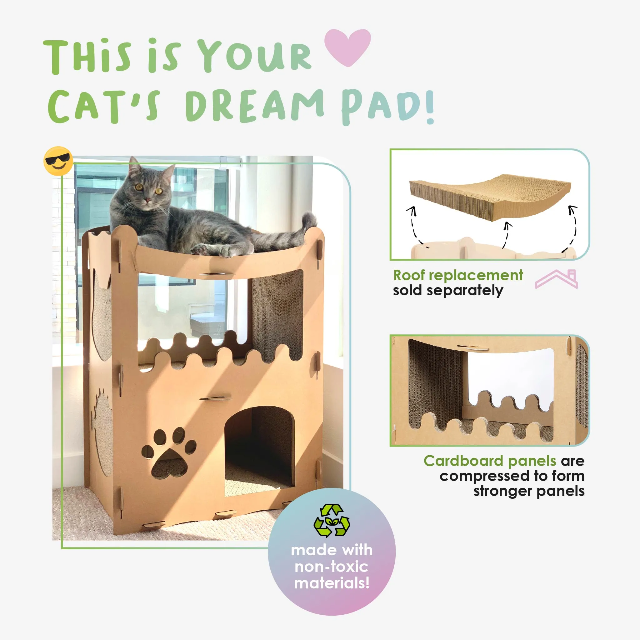 Feline Penthouse Cat House, Sustainable, Safe, Multi-Level, Scratch Boards, Easy Assembly, Non-Toxic, Spacious, Compostable, Biodegradable, Supports up to 30 LBS, for Small/Medium Pets