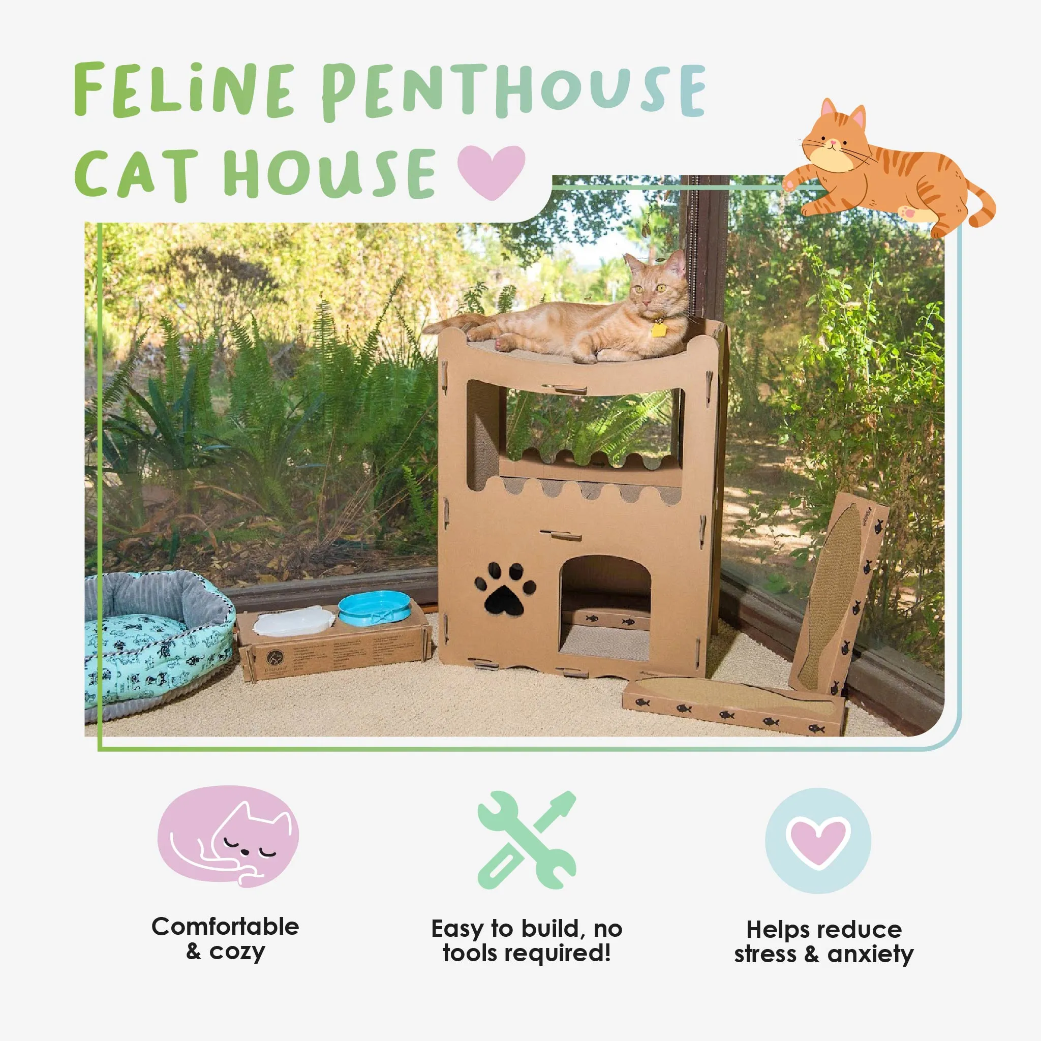 Feline Penthouse Cat House, Sustainable, Safe, Multi-Level, Scratch Boards, Easy Assembly, Non-Toxic, Spacious, Compostable, Biodegradable, Supports up to 30 LBS, for Small/Medium Pets