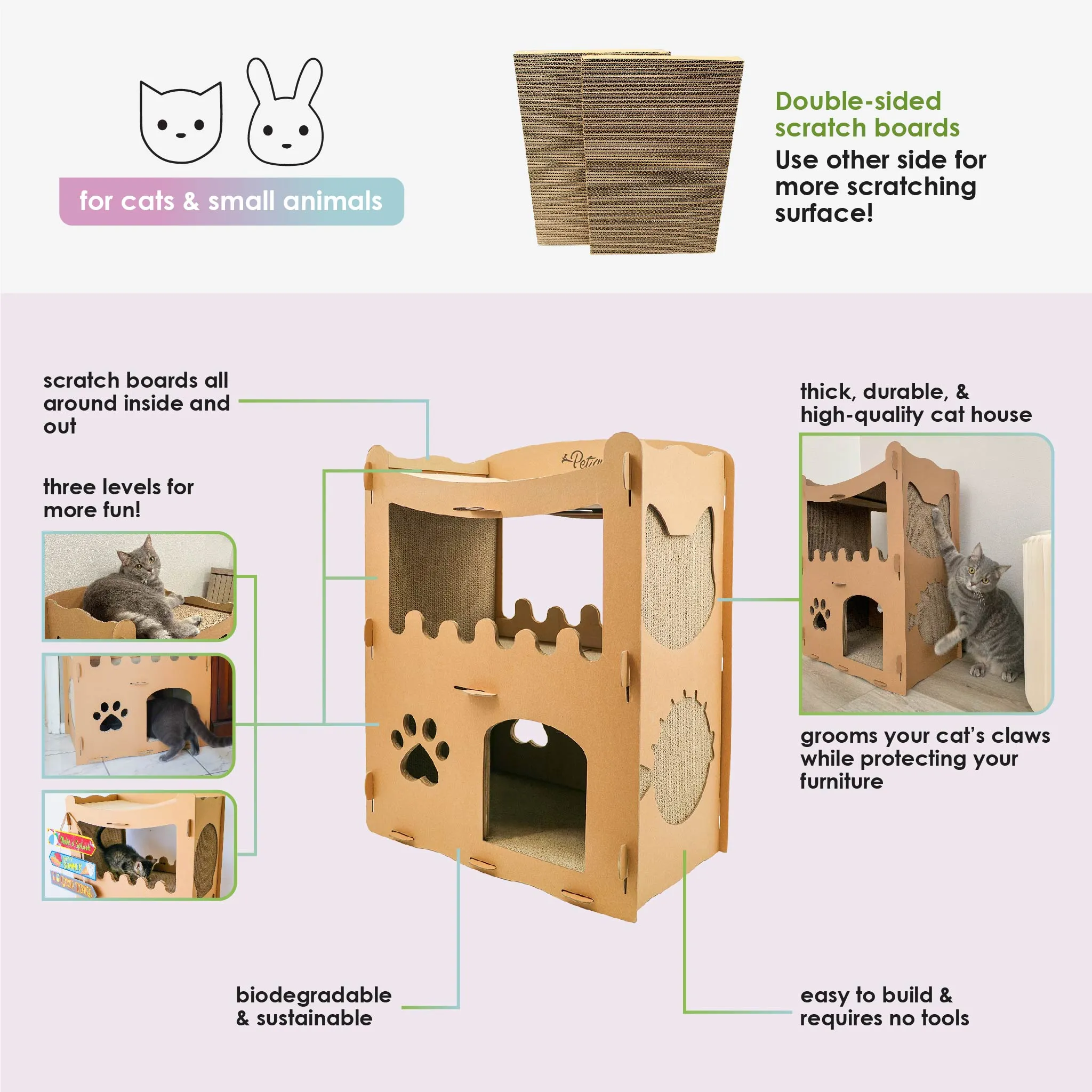 Feline Penthouse Cat House, Sustainable, Safe, Multi-Level, Scratch Boards, Easy Assembly, Non-Toxic, Spacious, Compostable, Biodegradable, Supports up to 30 LBS, for Small/Medium Pets