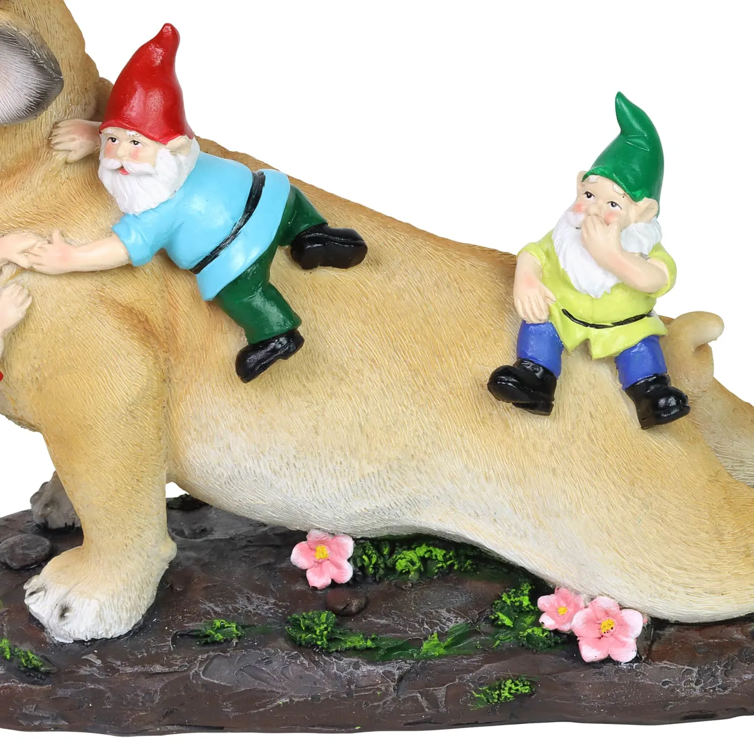 French Bulldog Garden Statue with Gnomes, Hand Painted, UV-Treated Resin, 6.5 x 12 Inches