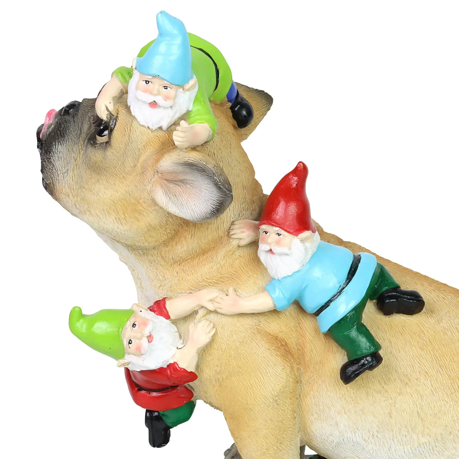 French Bulldog Garden Statue with Gnomes, Hand Painted, UV-Treated Resin, 6.5 x 12 Inches