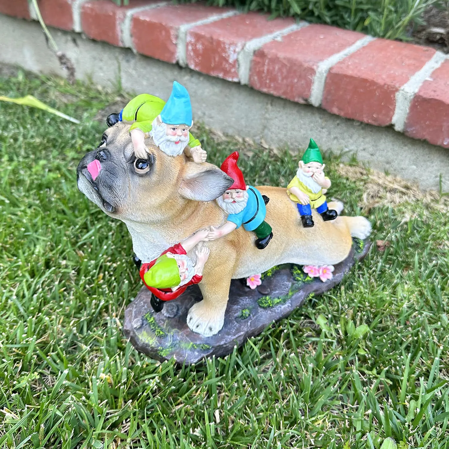 French Bulldog Garden Statue with Gnomes, Hand Painted, UV-Treated Resin, 6.5 x 12 Inches