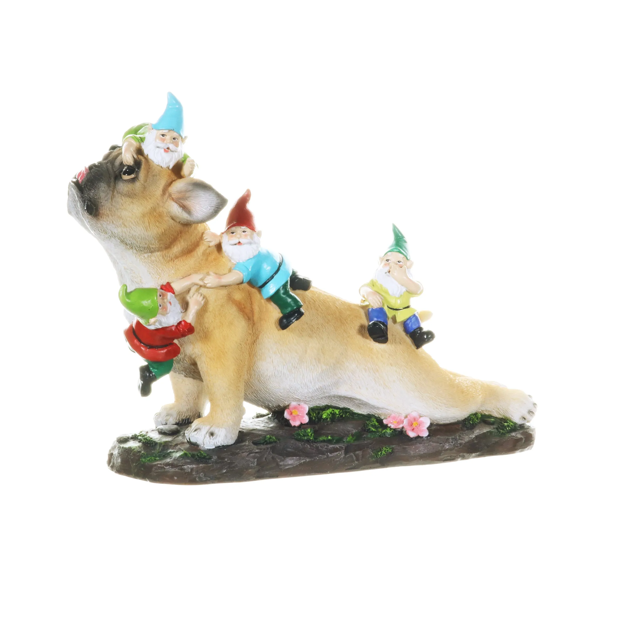 French Bulldog Garden Statue with Gnomes, Hand Painted, UV-Treated Resin, 6.5 x 12 Inches