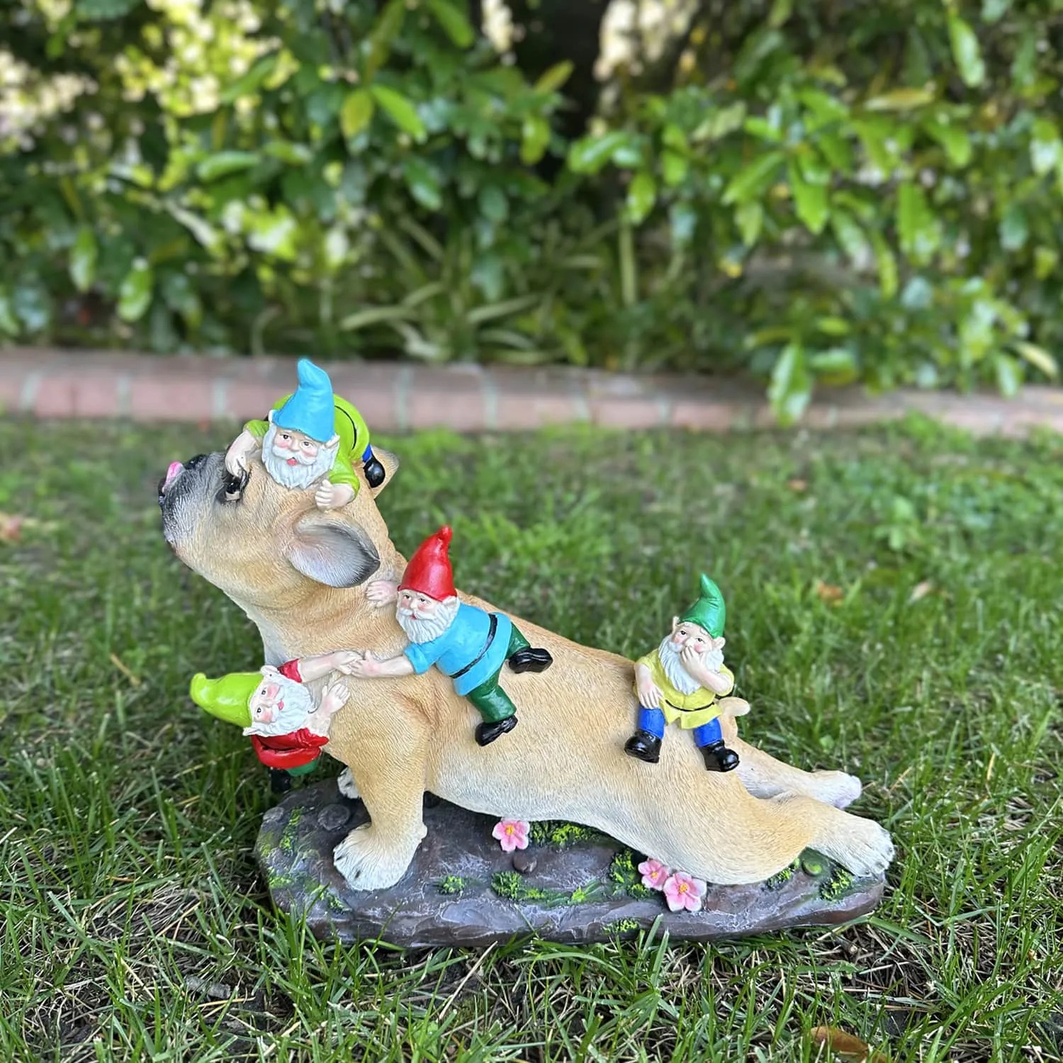 French Bulldog Garden Statue with Gnomes, Hand Painted, UV-Treated Resin, 6.5 x 12 Inches