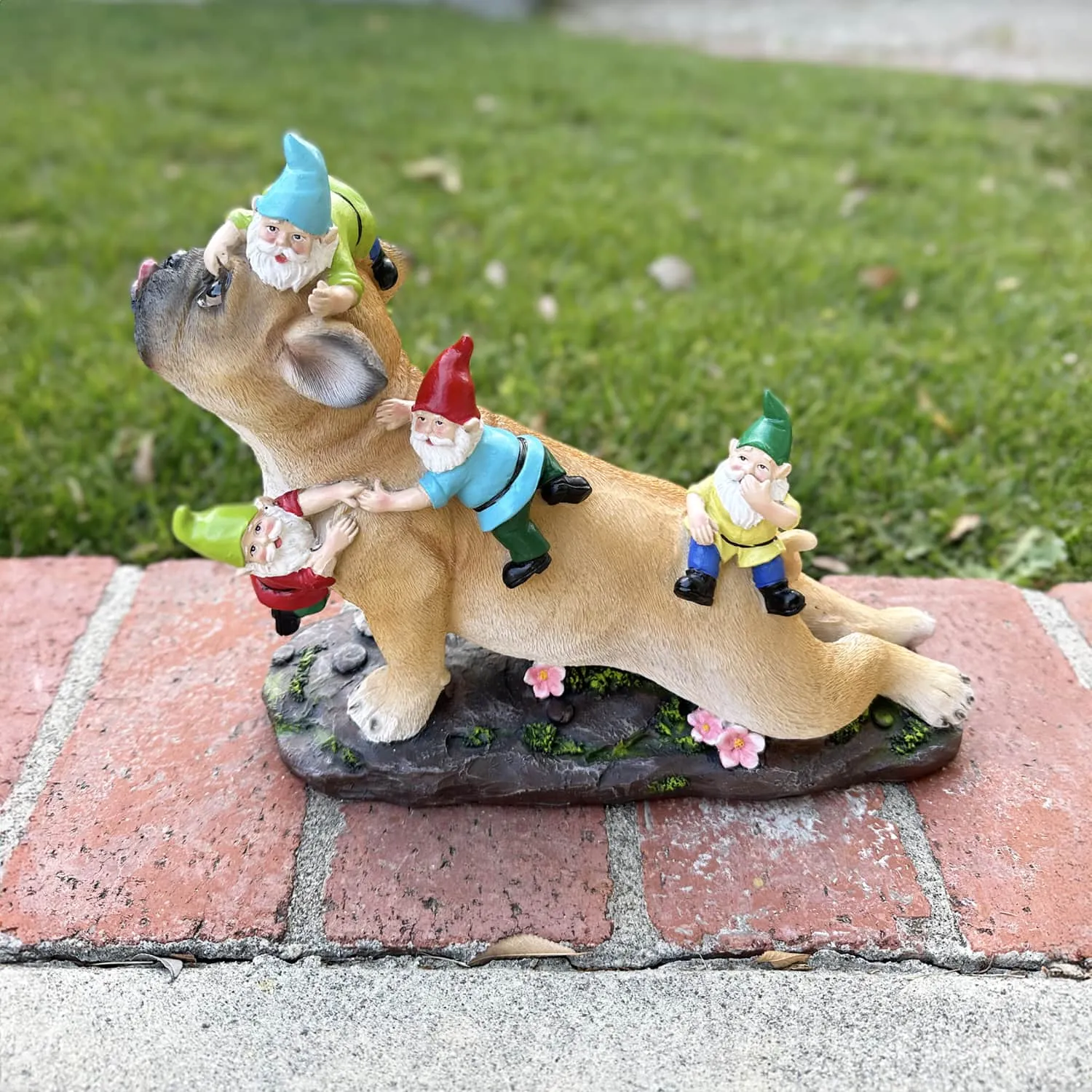 French Bulldog Garden Statue with Gnomes, Hand Painted, UV-Treated Resin, 6.5 x 12 Inches