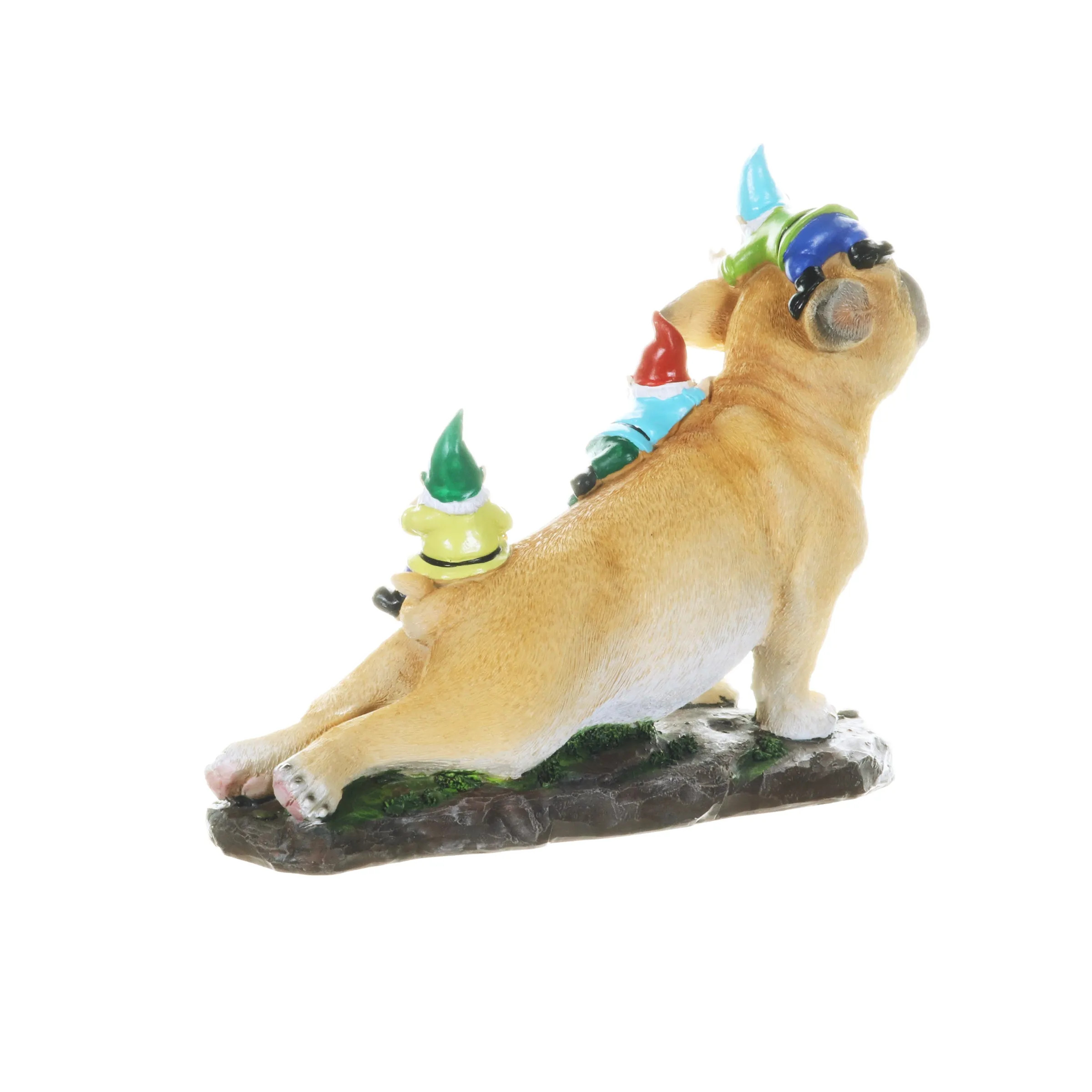 French Bulldog Garden Statue with Gnomes, Hand Painted, UV-Treated Resin, 6.5 x 12 Inches