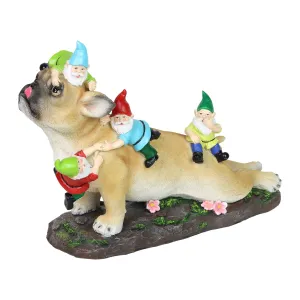 French Bulldog Garden Statue with Gnomes, Hand Painted, UV-Treated Resin, 6.5 x 12 Inches